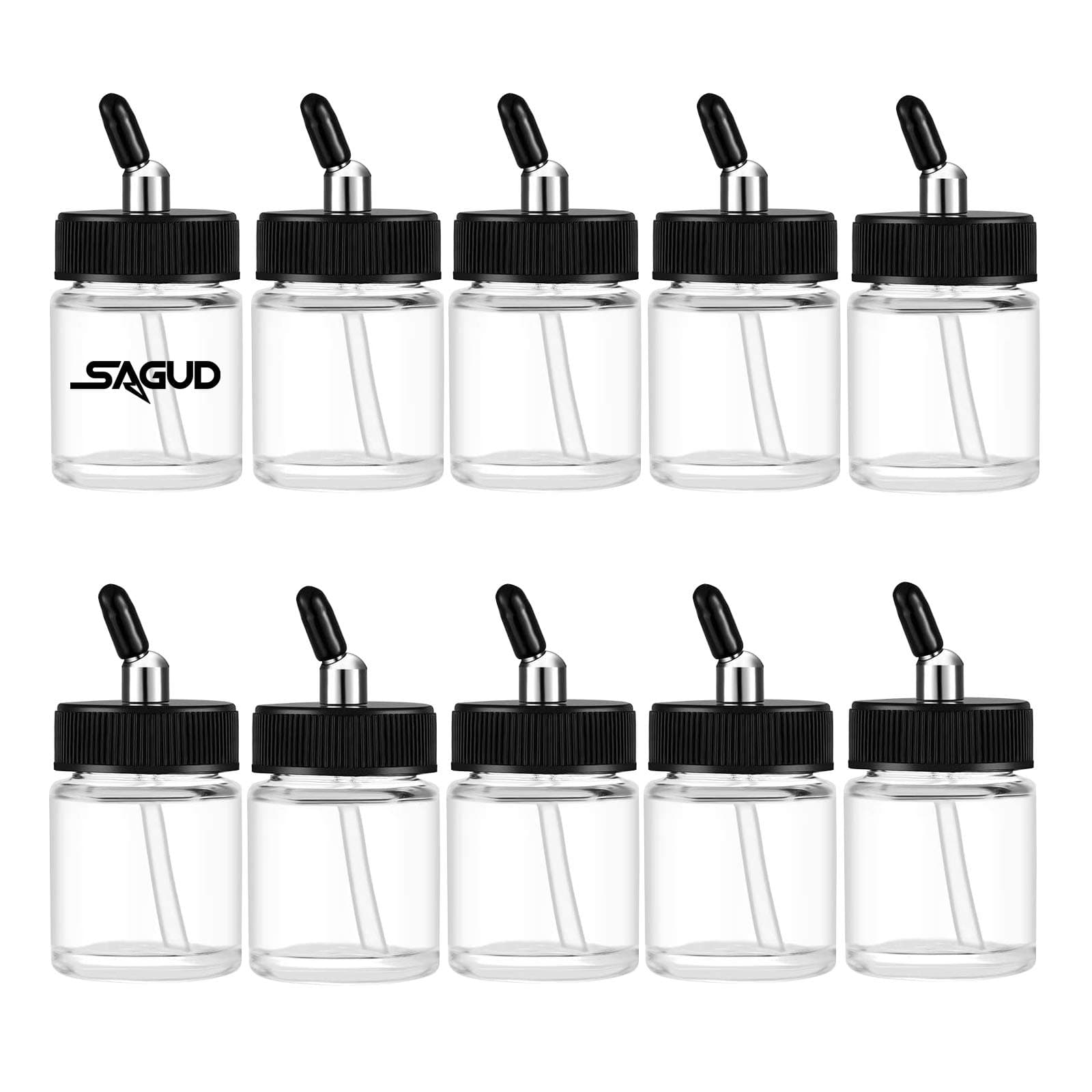 SAGUD 10pcs Glass Airbrush Bottles Kit 3/4 Ounce (20cc) Airbrush Jar with 10pcs Adapter Cap Covers Set and 30° Down Angle Adaptor Lid, Fits Dual–Action Siphon Feed Airbrushes