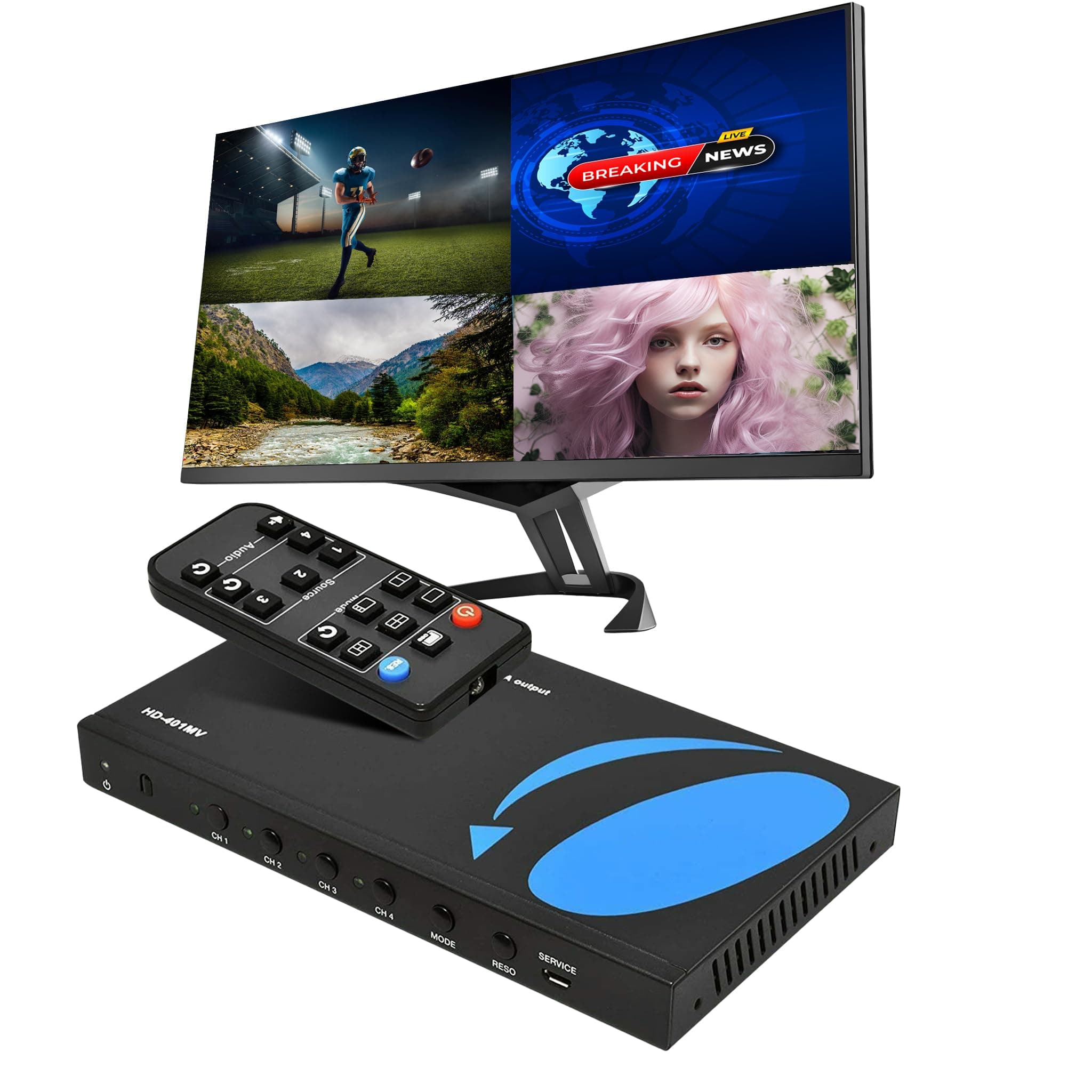 HDMI Switcher 4 in 1 Out with Quad Screen Multiviewer - Supports 1080p, DTS/Dolby Audio, IR Remote Control, Seamless Switching, Compatible with HDMI Devices