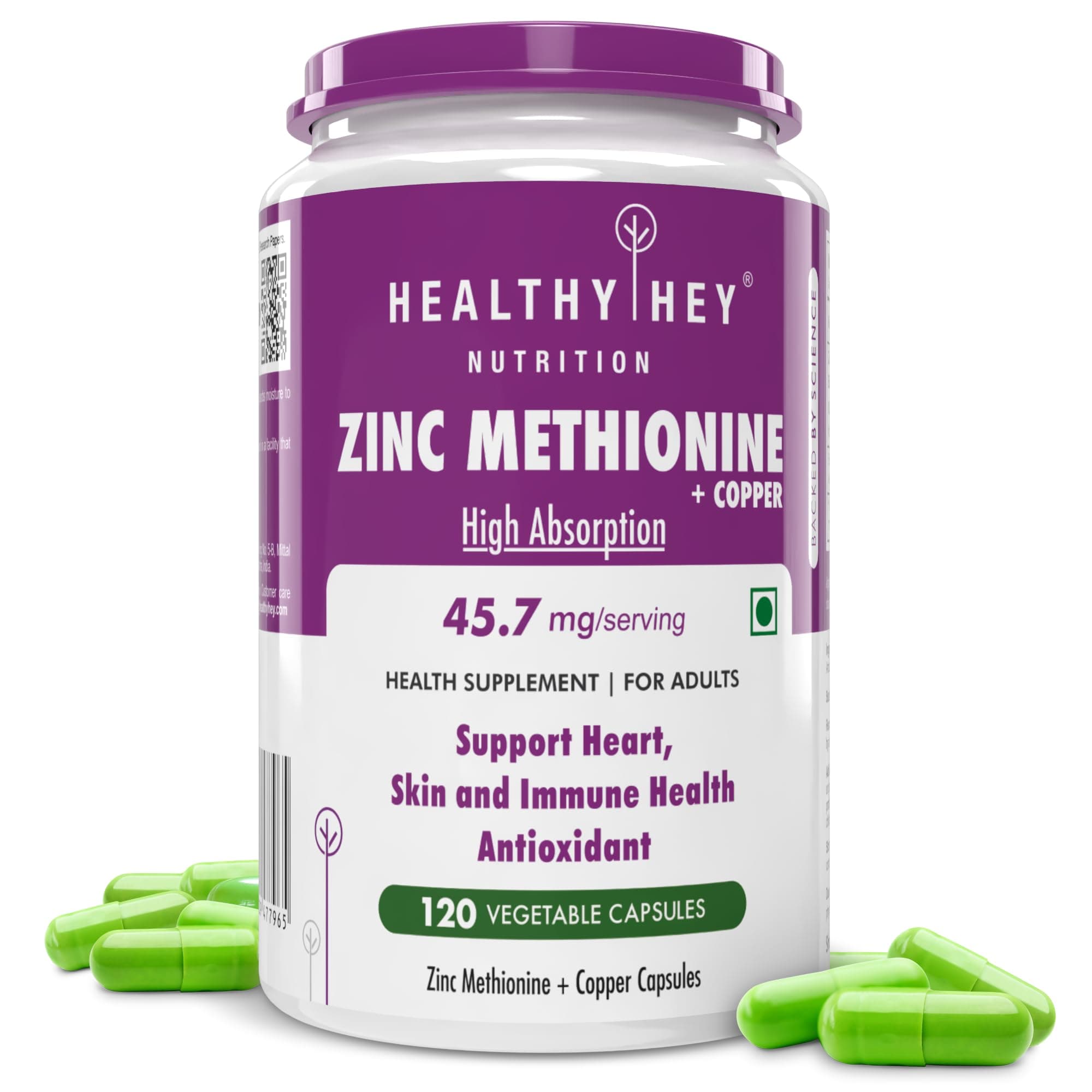 Healthyhey Nutrition Zinc Methionine Plus Copper, Supports Immune and Antioxidant Protection - 120 Veg Capsules