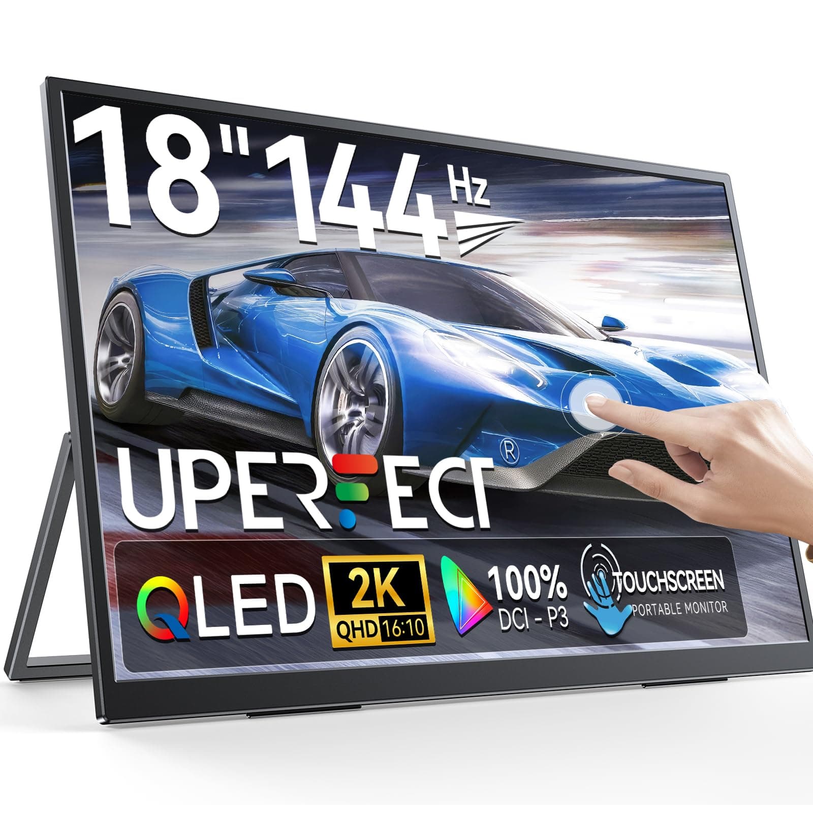 UPERFECT 18" QLED Touchscreen Portable Monitor, 2K 2560×1600 QHD 144Hz, 500 Nits, 100% DCI-P3, FreeSync HDR, Slim Frameless Laptop Display w/VESA & 180° Adjustable Stand, Second Screen for PC Phone