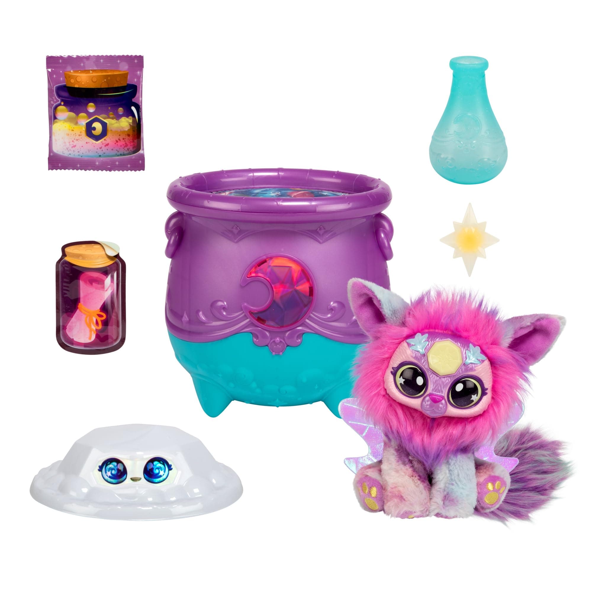 Magical Gem Surprise Cauldron: Moon. with New Shimmer Eyes! Reveal an Mixie Plushie from The Fizzing Cauldron and Discover 2 Magical Lunar Gem Surprises! Styles May Vary