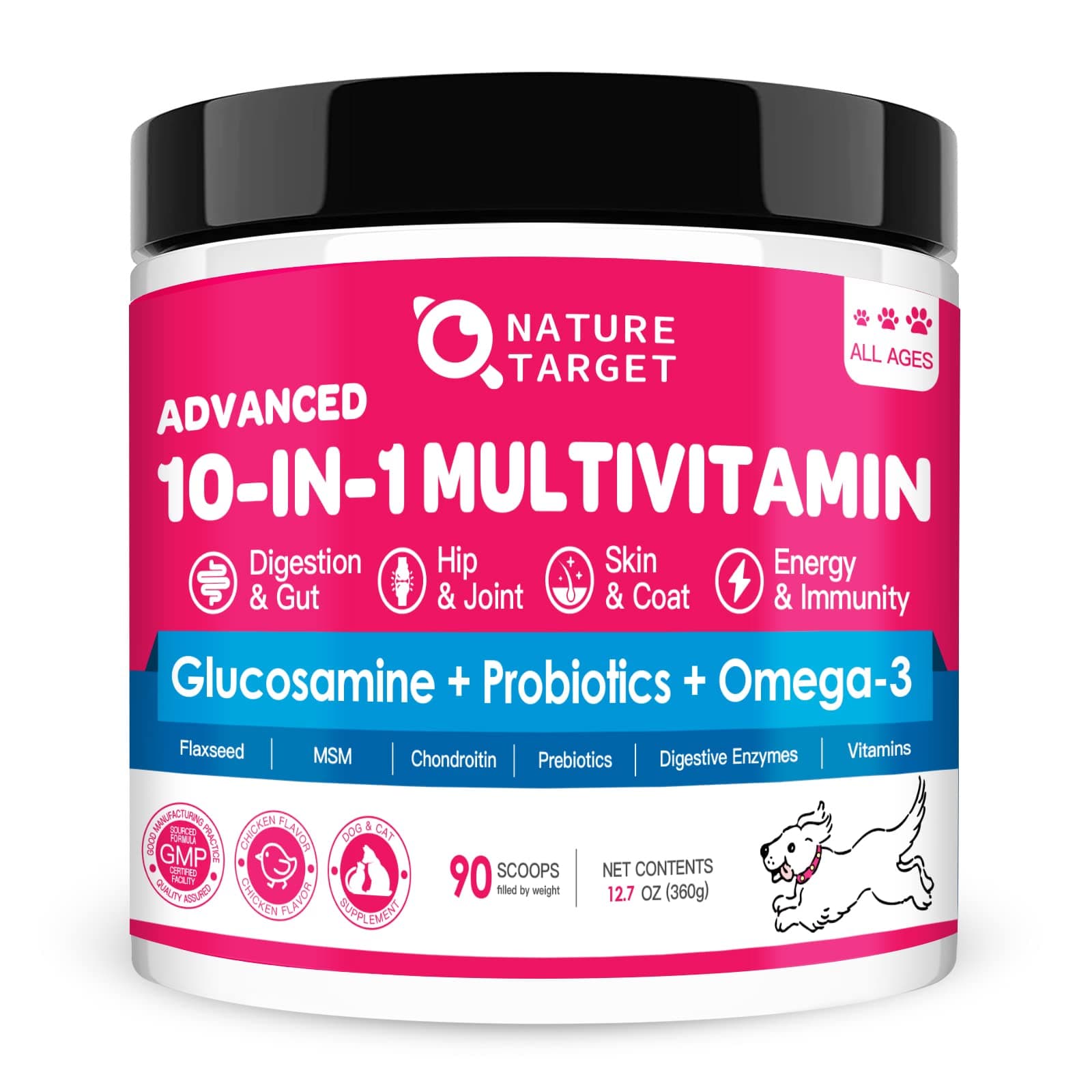 NATURE TARGET Dog Vitamins Powder, Probiotics & Digestive Enzymes for Gut Health, Glucosamine & Chondroitin & Omega 3, Complete Supplement for Homemade Dog Food, Joint & Skin & Immune Support