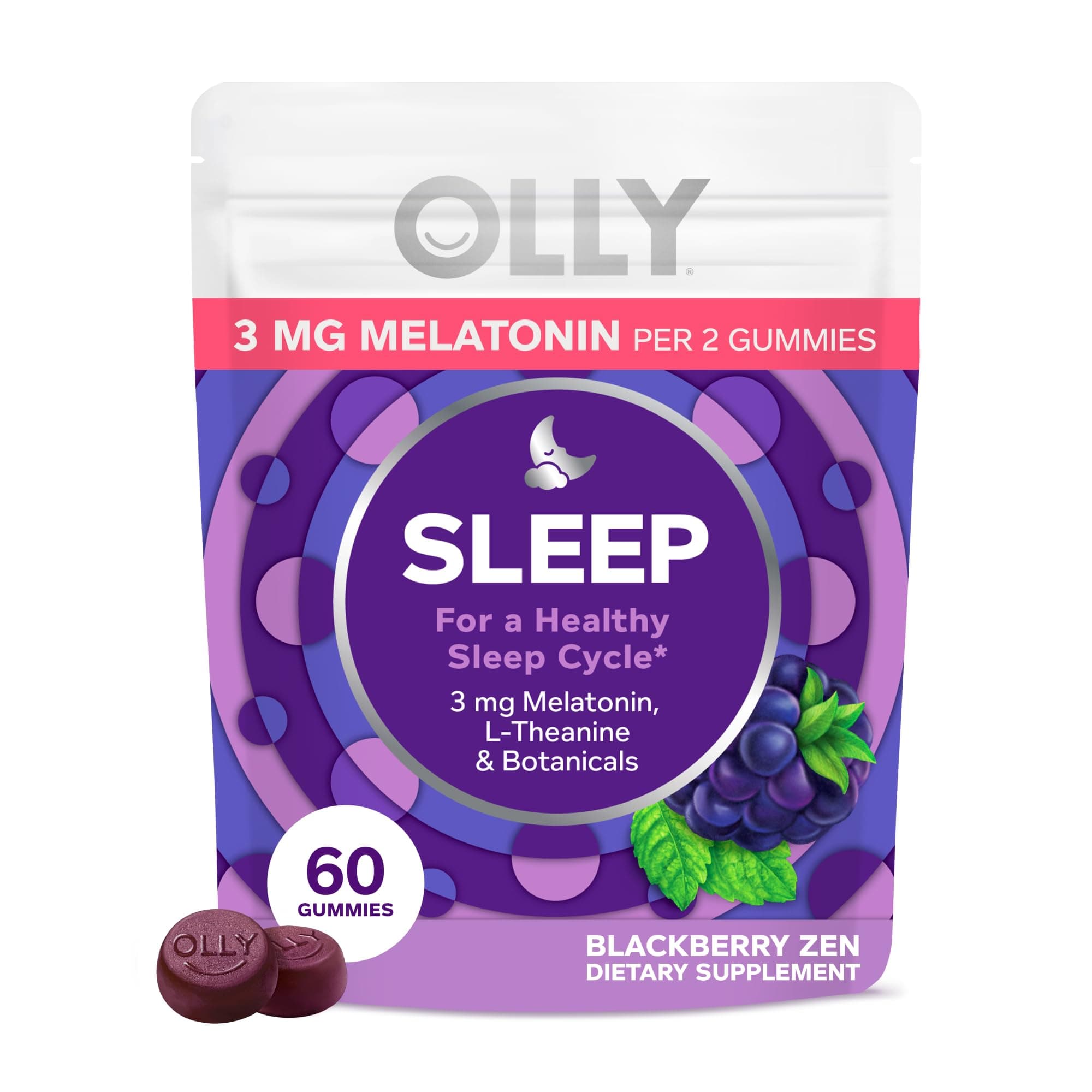 Sleep Gummy, 3 mg Melatonin, L-Theanine, Chamomile, and Lemon Balm Extracts, Blackberry Flavor, 30 Day Supply - 60 Count