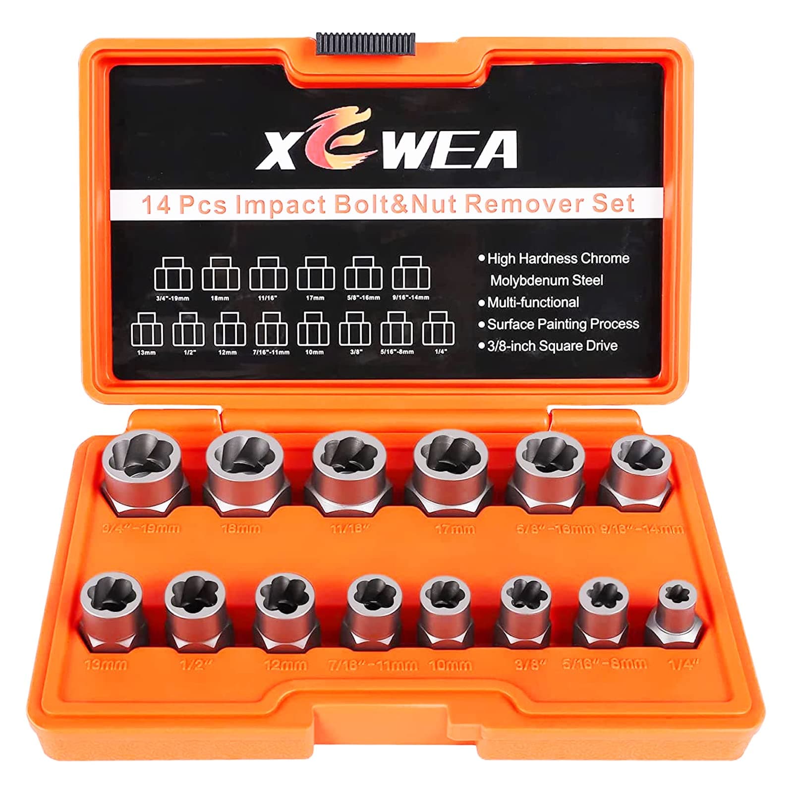 XEWEA Professional 14PCS Bolt Extractor Set, 3/8" Drive Impact Stripped Bolt Remover Socket Set for Removing Damaged Broken Rounded Off Bolt & Nut, Impact Grade Cr-Mo Steel with Case Father's Day Gift
