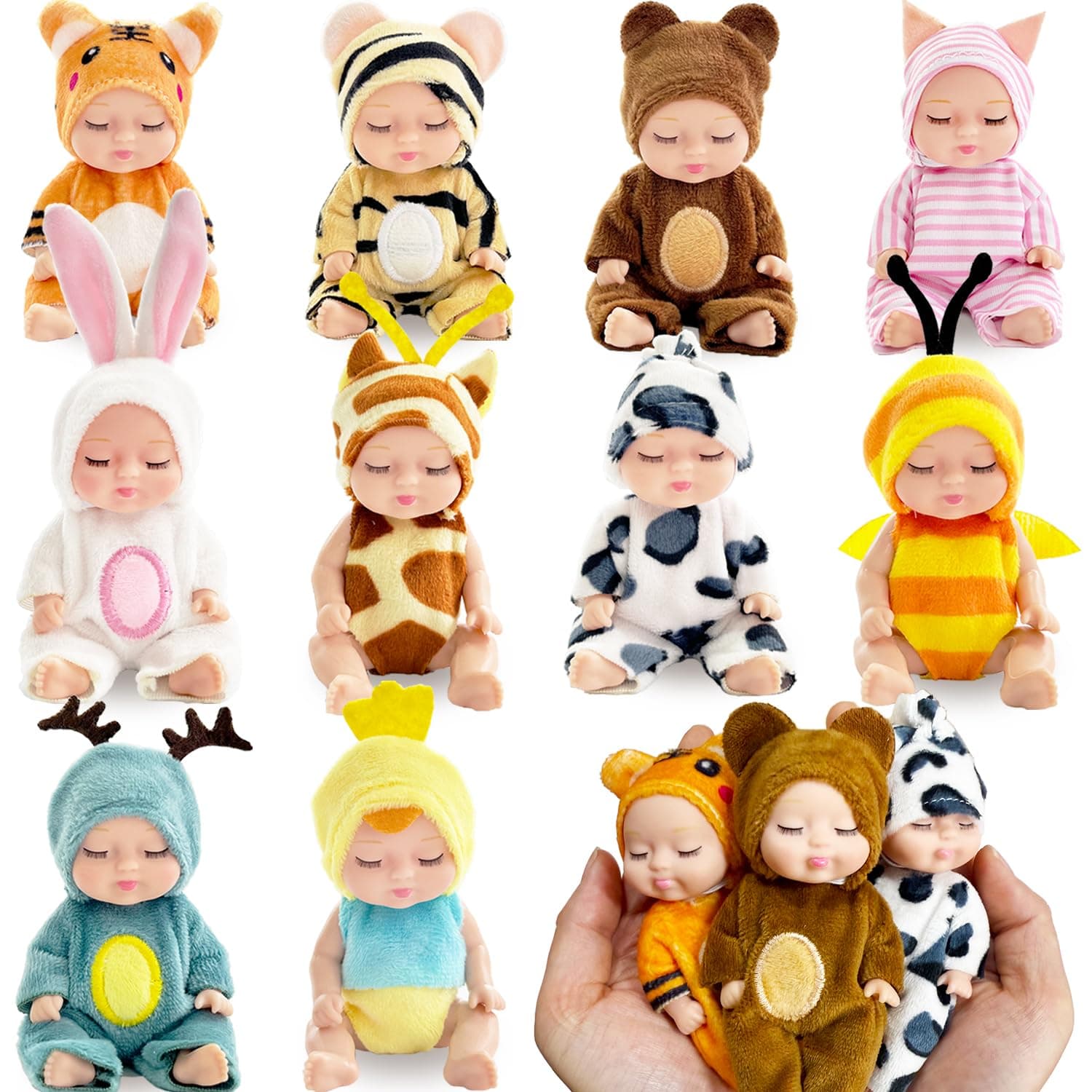 10 Pcs Mini Baby Dolls,4 inch Lifelike Realistic Baby Dolls with Animal Clothes,Cute Small Baby Doll for Girls Kids Easter Basket Valentine Birthday