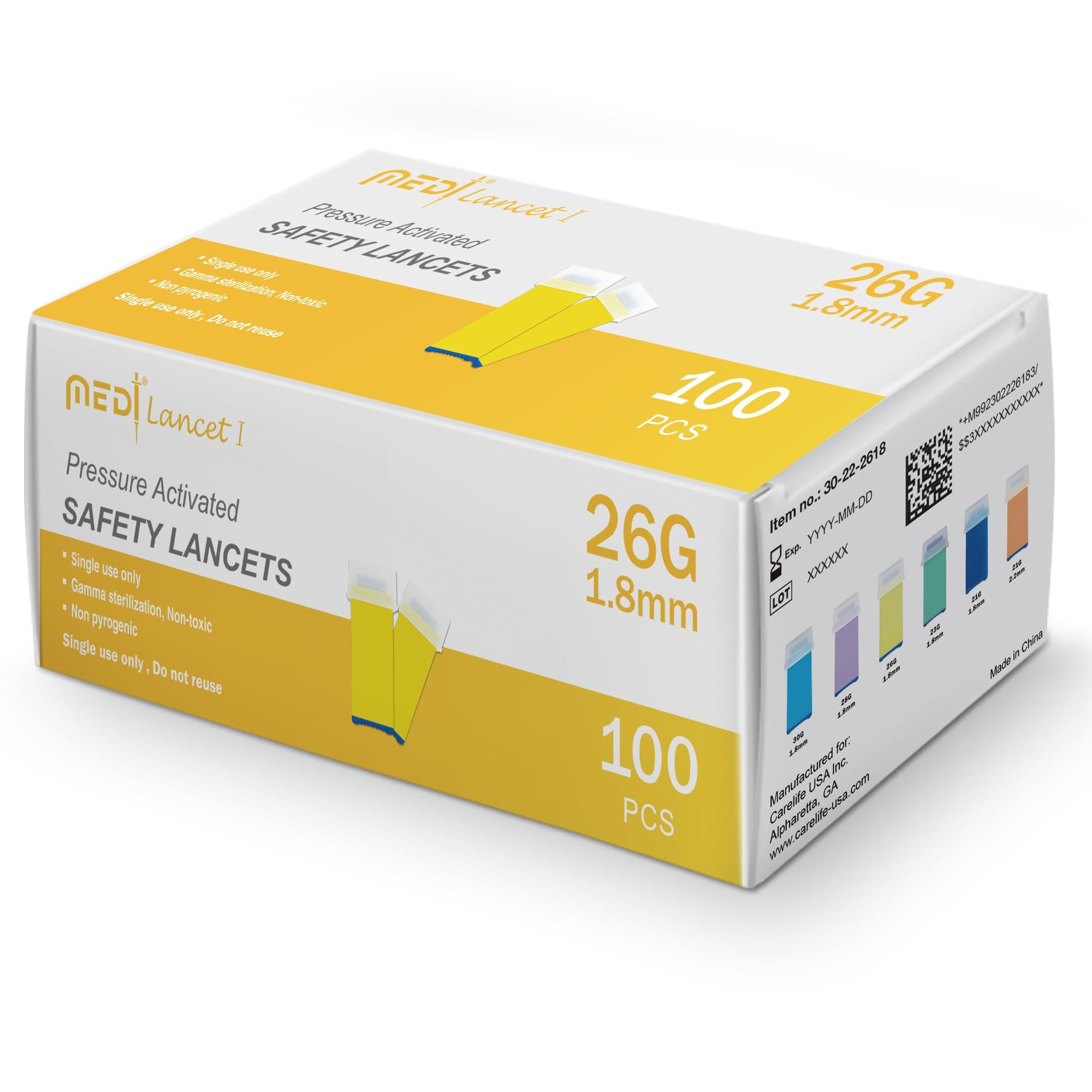 Pressure Activated Safety Lancets 26G x 1.8mm - Gamma Ray Sterilized, Ideal for Blood Testing, Single Use and Gentle for Comfortable Testing - Pack of 100
