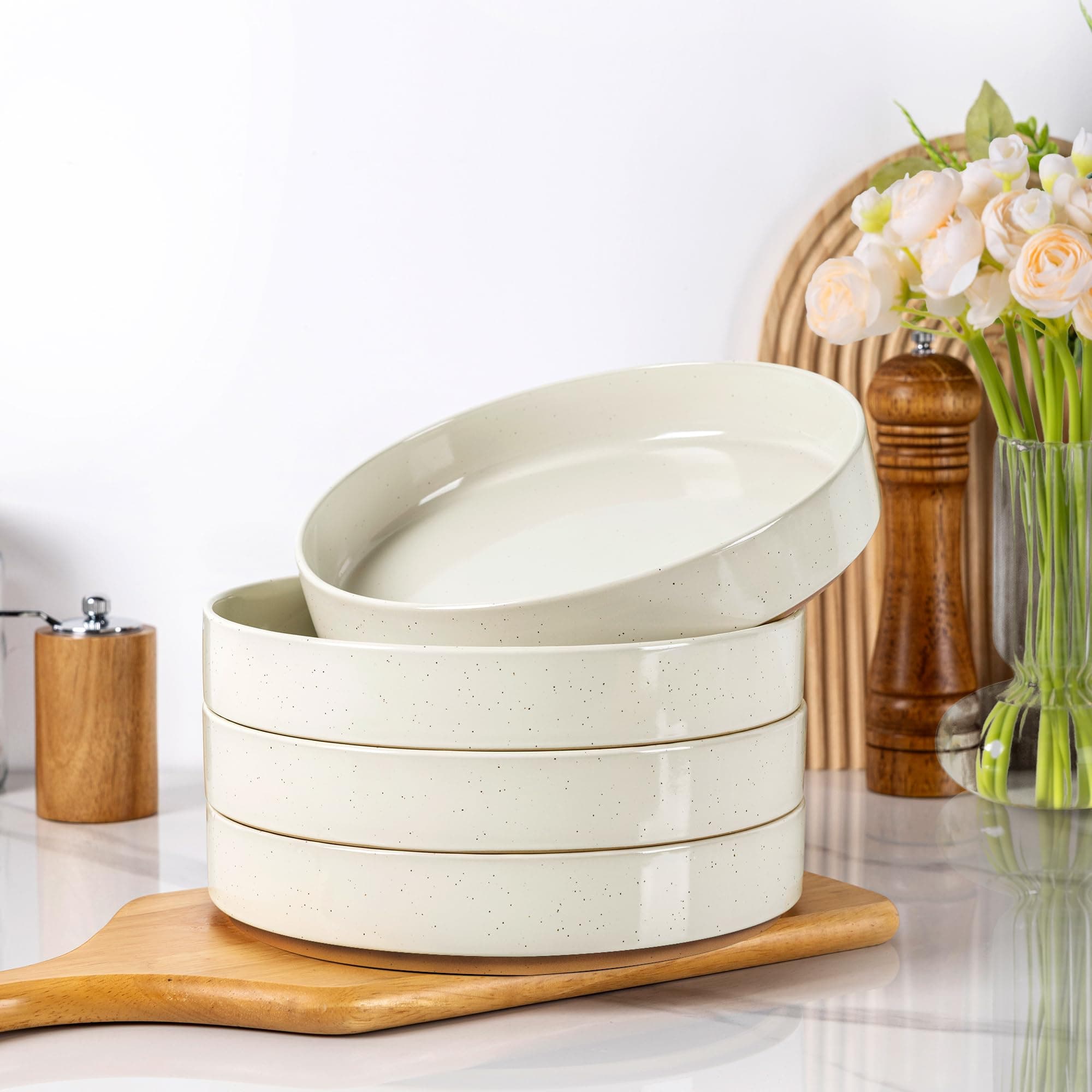 AmorArc 9.0" Large Ceramic Pasta Bowls, 32oz Handmade Speckled Stoneware Pasta Bowls Set of 4, Microwave & Dishwasher Safe Bowls With Terracotta Underside for Fruit Pasta Salad-Beige