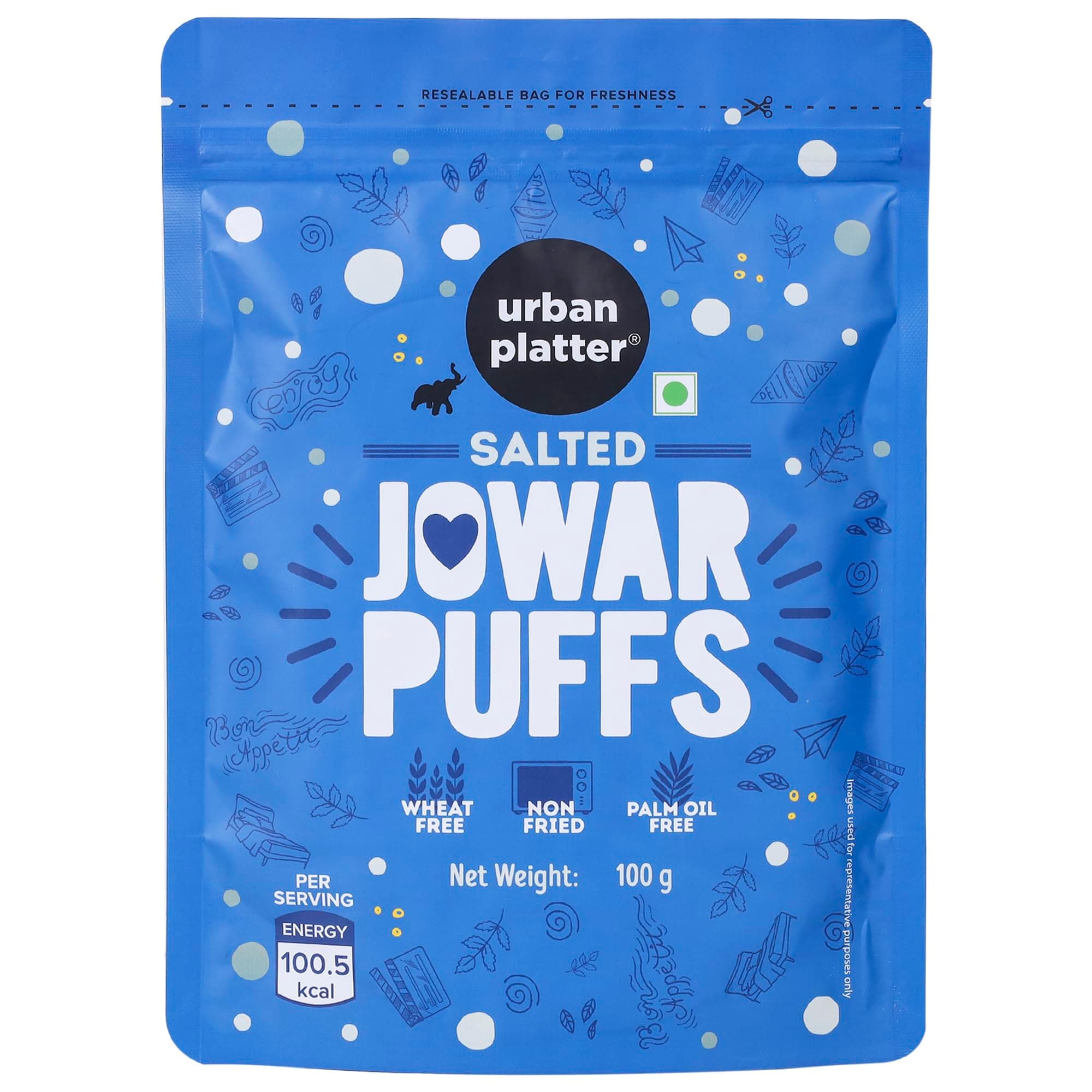 Urban Platter Salted Jowar Puffs | Crispy, Non-Fried Jowar Snack | Gluten-Free & Wheat-Free | No Palm Oil | Ideal for Tea-Time, Office, Travel & Anytime Snacking | 3.53 Oz (100g)