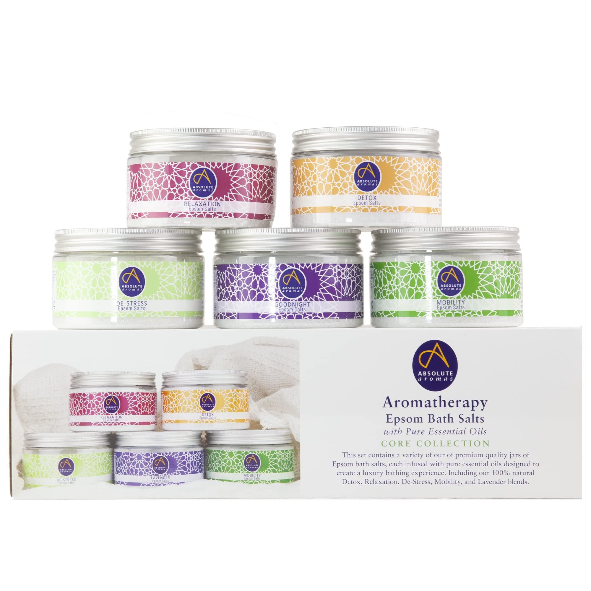 Epsom Bath Salts Bundle Gift Set – 5 x 300g of De-Stress, Detox, Lavender, Mobility and Relaxation Bath Salts - Magnesium Sulphate Infused with 100% Pure Essential Oils