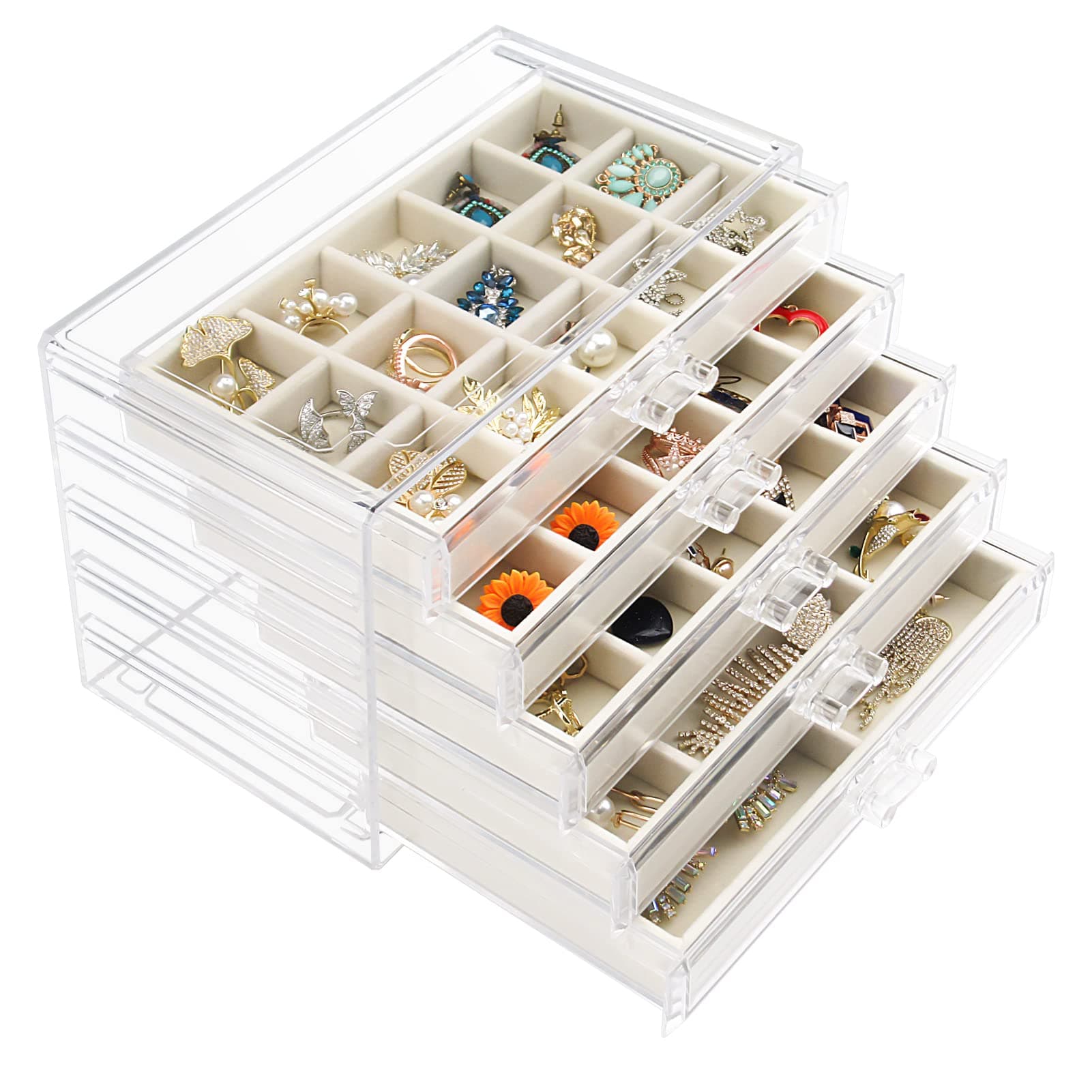 Watpot Acrylic Jewelry Box with 5 Drawers, Clear Earring Storage Organizer Display Case for Women Girls, Beige