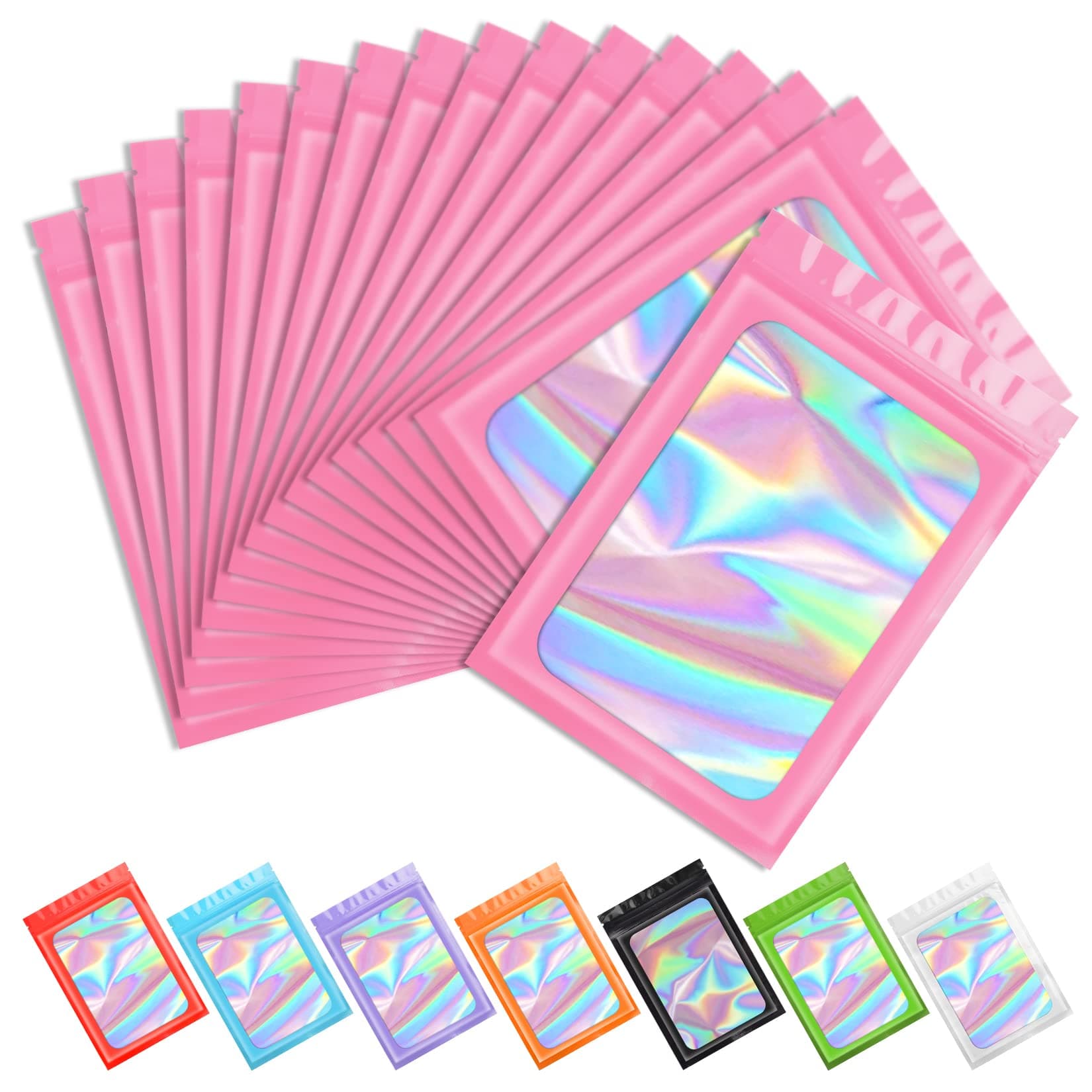 Funfery 100 pcs Pink Smell Proof Mylar Holographic Bags Packaging Bags,Clear Resealable Odor Proof Bag Foil Pouch Bag for Food Storage,Lipgloss,Jewelry,Eyelash Packing for Small Business(3.9x7.1Inch)