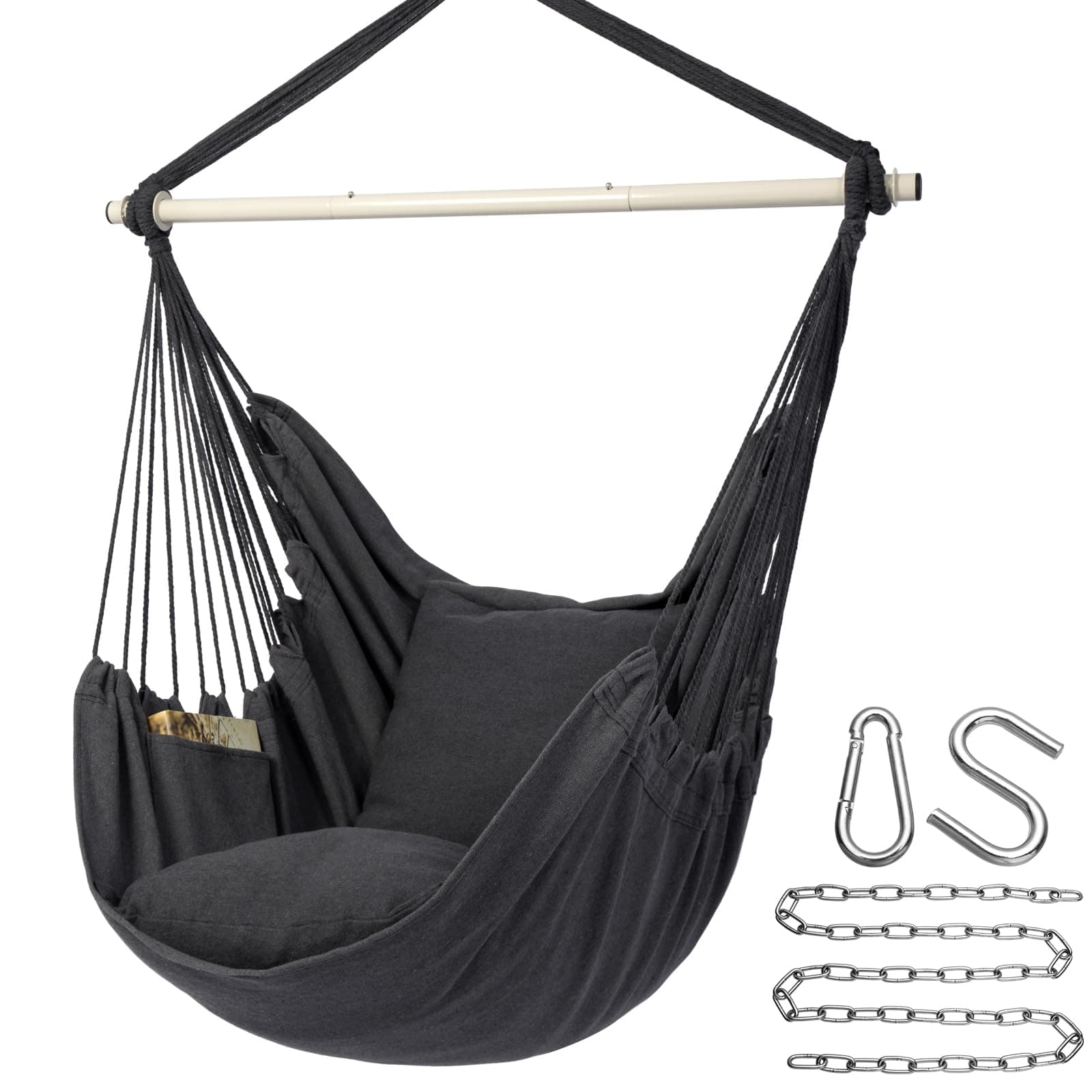 Y- STOP Hammock Chair Hanging Rope Swing Chair, Max 500 Lbs, 2 Seat Cushions Included, Removable Steel Spreader Bar with Anti-Slip Rings, Hardware kit-for Indoor Outdoor(Dark Grey) pcs