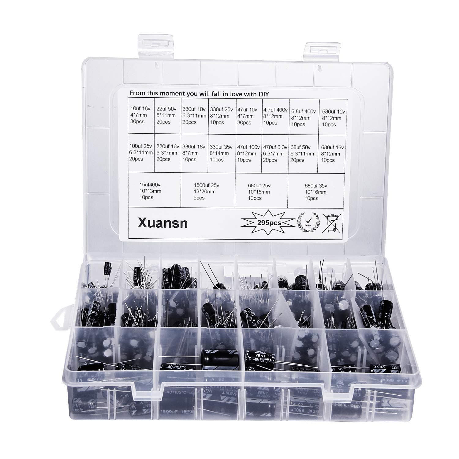 Capacitor 4.7UF 6.8UF 10UF 15UF 22UF 47UF 100UF 220UF 330UF 470UF 680UF 1500UF Electrolytic Capacitors Kit 6.3V 10V 16V 25V 35V 50V 100V 400V,295Pcs