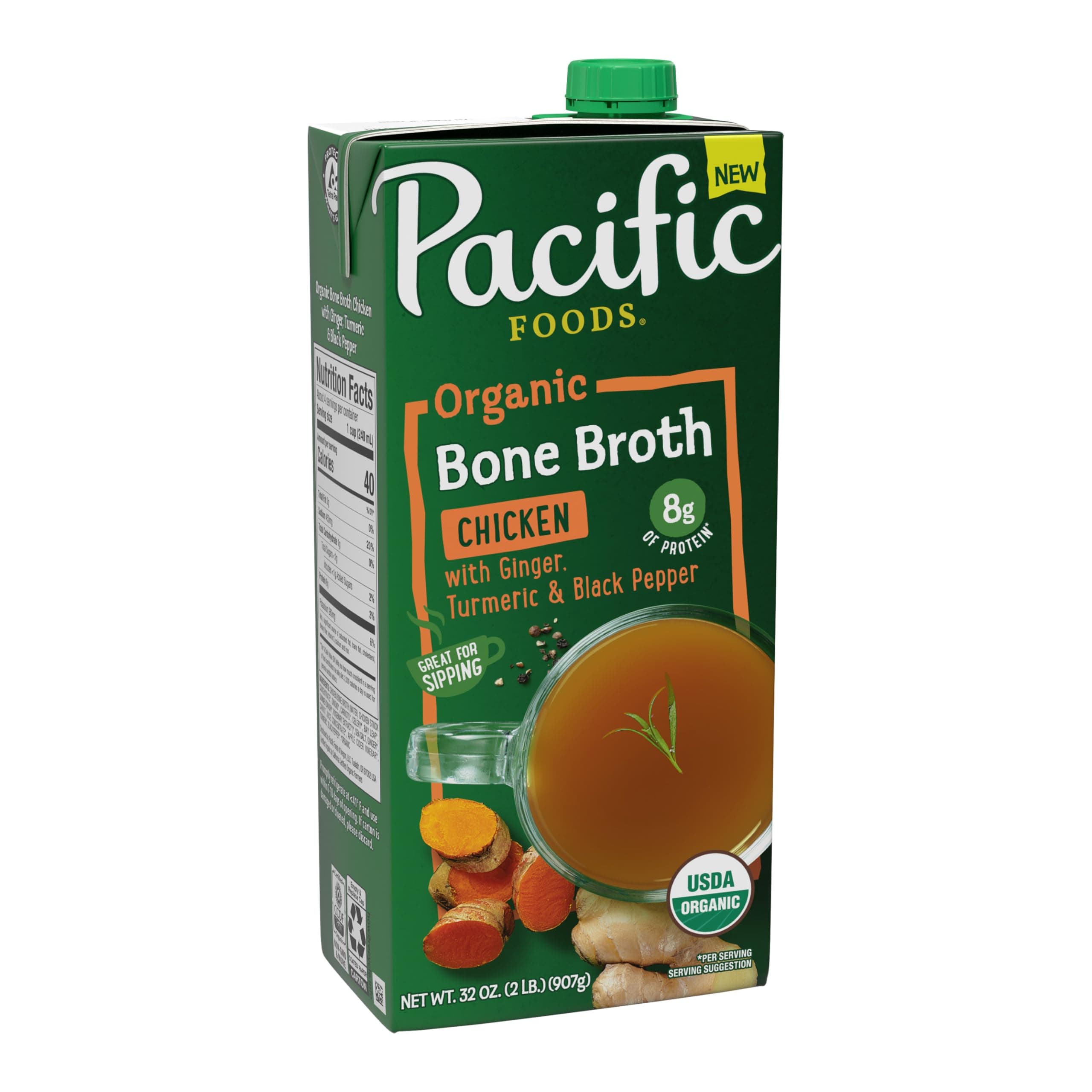Organic Chicken Bone Broth With Ginger, Turmeric, and Black Pepper, 32 oz Carton