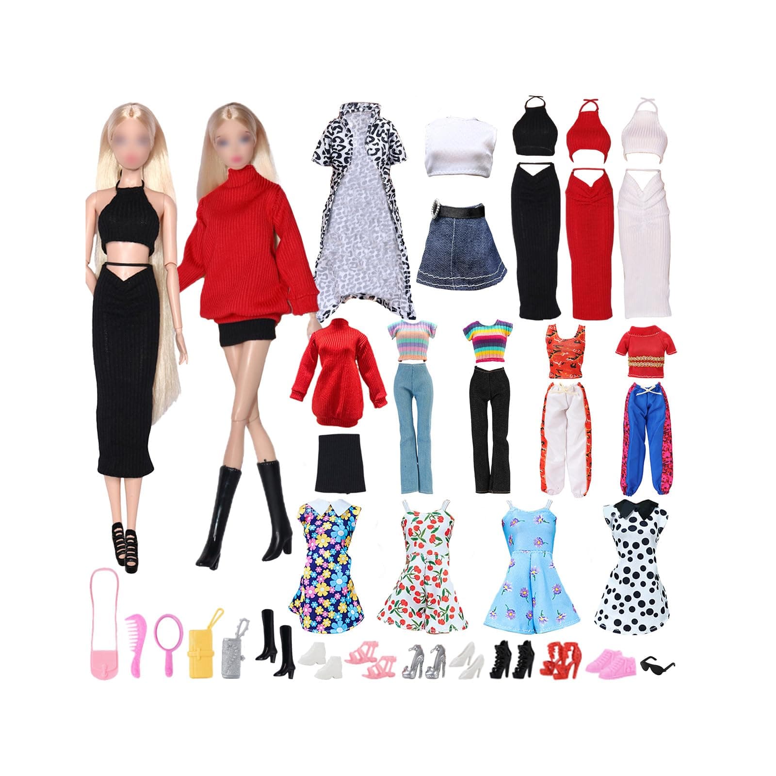 26Pcs Doll Clothes and Accessories Set, 2 Leopard Print Trench Coat Sweater Skirt Sets, 2 Dresses, 2 Long Pants Sets, 14 Accessories Random Style for 11.5 inch Girl Doll Gifts