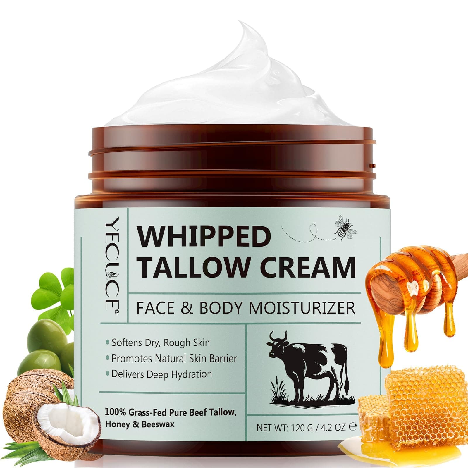 Beef Tallow for Skin, Tallow and Honey Balm (4.2 oz) - Tallow Face Moisturizer, Deeply Moisturizing Grass-Fed Tallow Face Moisturizer for Body - All-Natural Hydration for Soft, Supple Skin