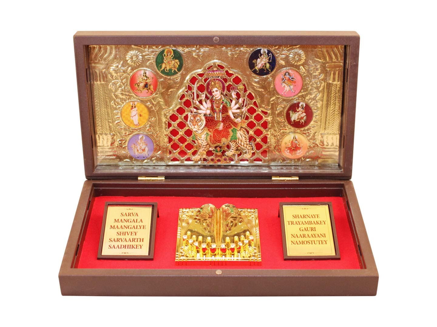 24K Gold Plated NavDurga Photo Frame with Charan Paduka, Durga Maa Wooden Momento Gift (Devi Mantra), Return Gift for Pooja, Religious Frame for Worship