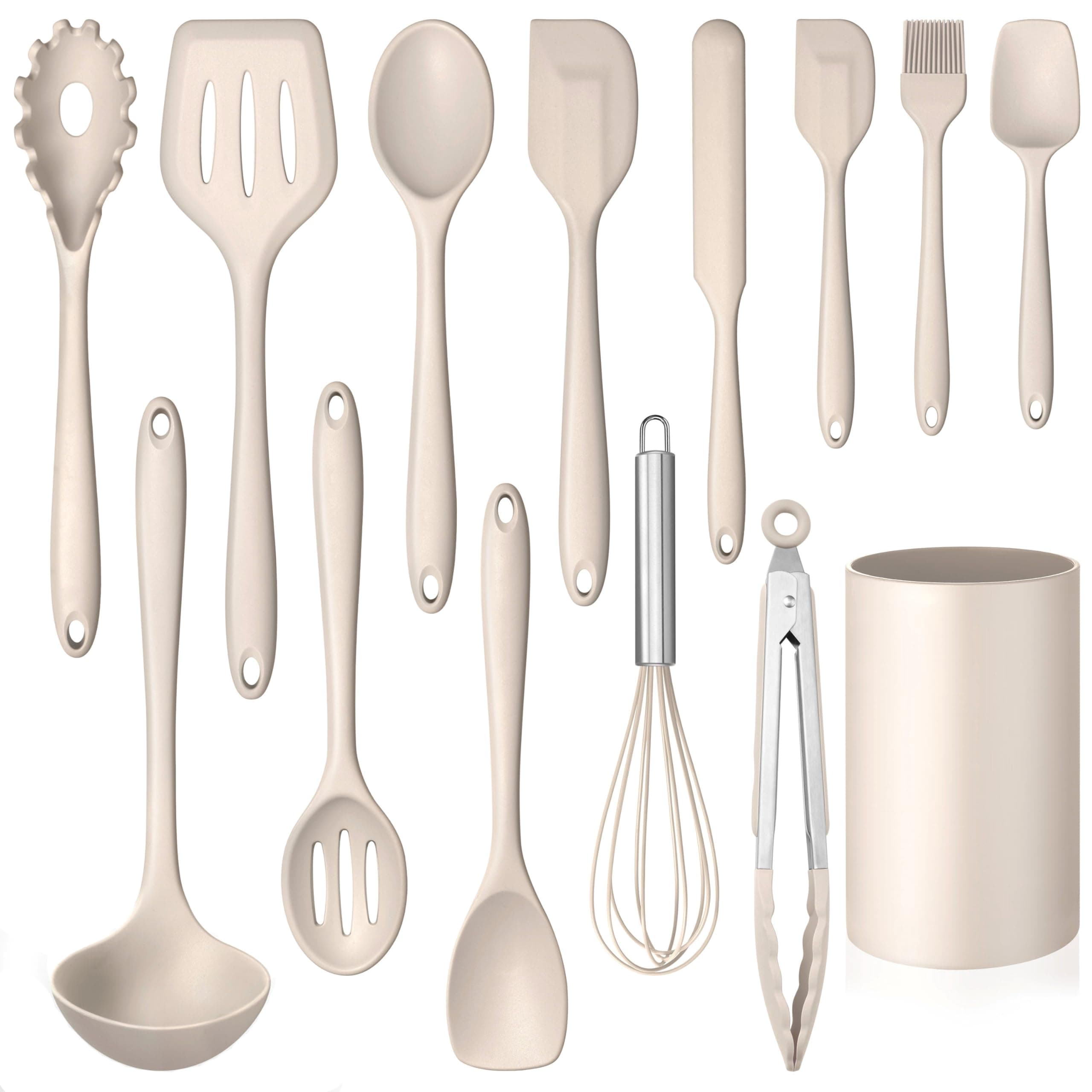 LIANYU 14 Pcs Kitchen Utensils Set with Holder, Silicone Cooking Utensils Spatula Set, Heat Resistant Cookware Tools Includes Spoon Turner Whisk Tong, Dishwasher Safe, Khaki