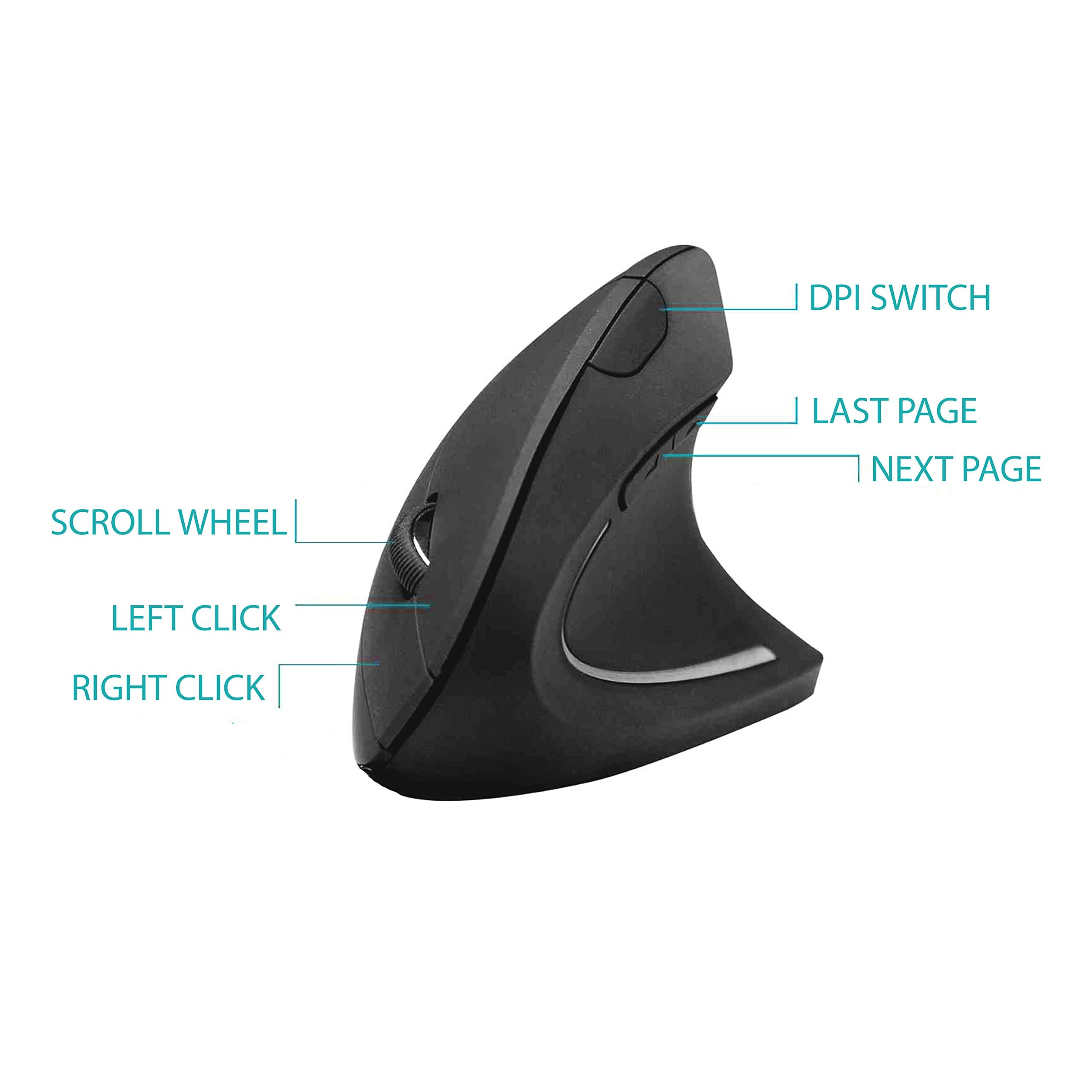 2.4G Wireless Vertical Ergonomic Optical Mouse, 800/1200 /1600DPI, 5 Buttons, Mouse Pad Included, Perfect for Digital Warriors, Prevents Carpal Tunnel Syndrome - Black