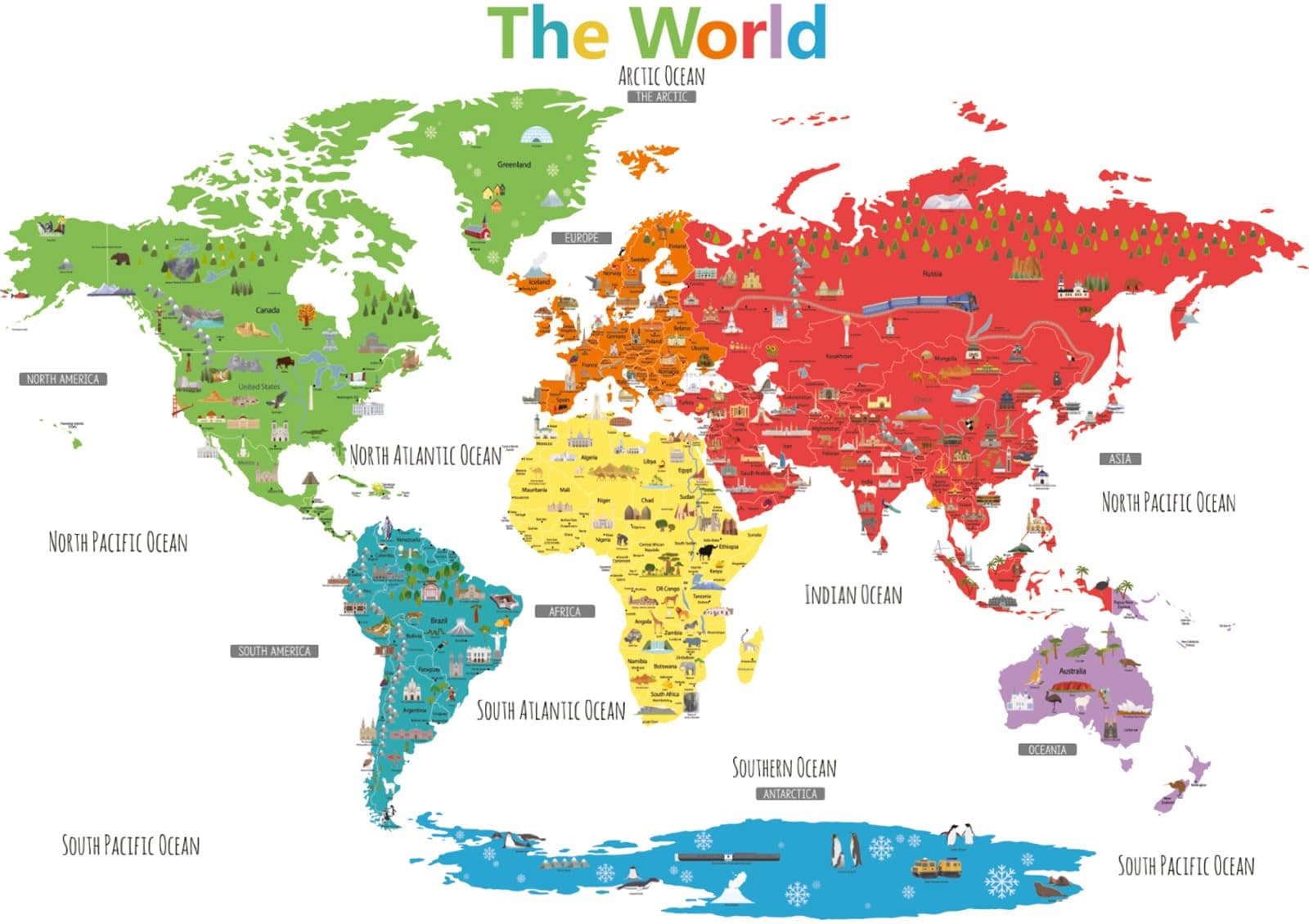 DECOWALL DLT-1902N Large Landmark World Map Wall Stickers Wall Decals Peel and Stick Removable Wall Stickers for Kids Nursery Bedroom Living Room décor