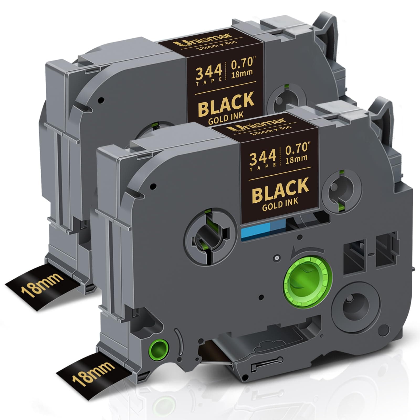 Unismar Compatible for Brother TZe-344 TZ344 TZ 18mm 0.7 Laminated Gold on Black Label Tape for Brother Ptouch PTD400AD PTD400VP PT-D600 PT-P700 PT-P900W Label Maker Tapes, 3/4 in x 26.2ft, 2-Pack