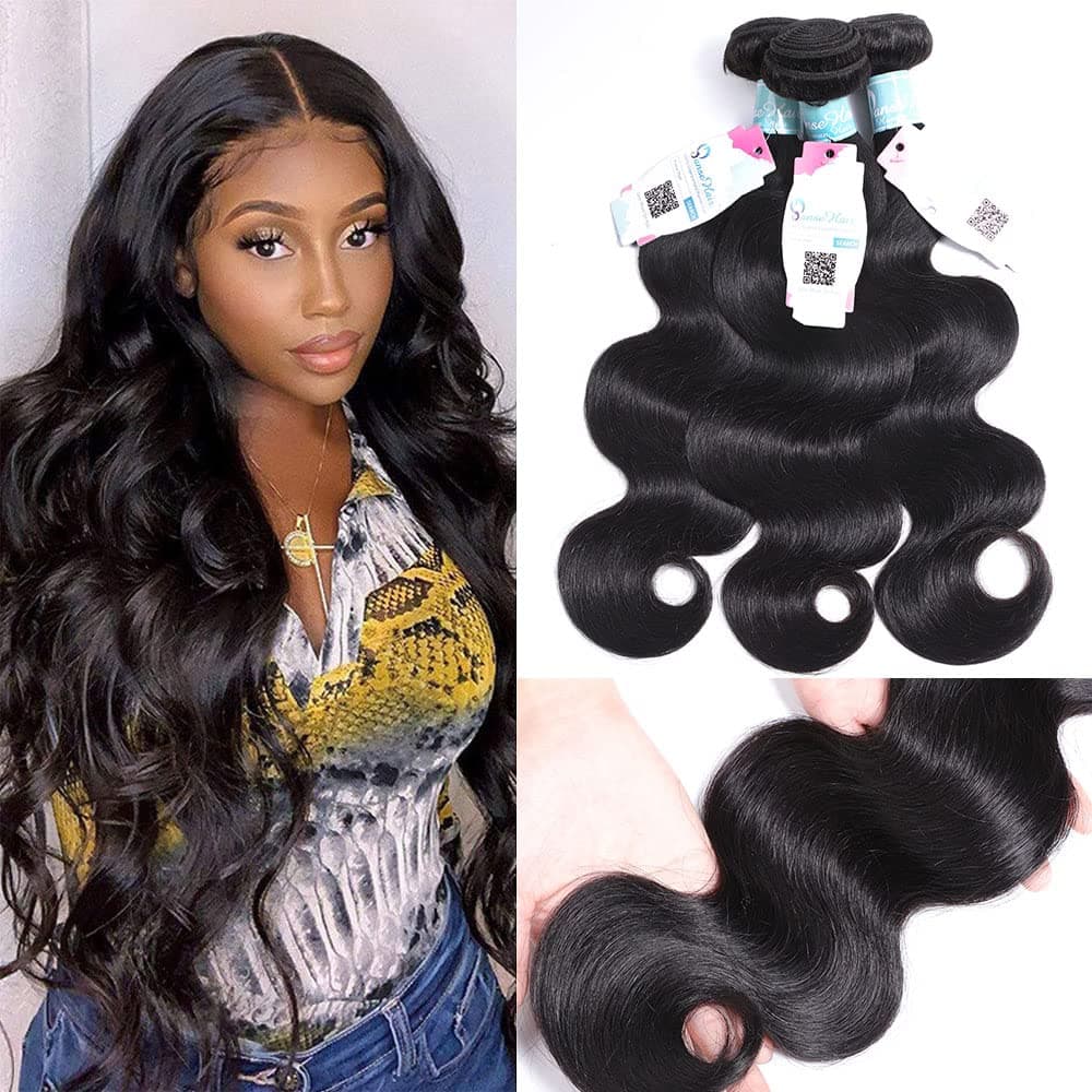 Brazilian Body Wave Human Hair Bundles 12 14 16 Inches 8A Grade 100% Unprocessed Silky Brazilian Virgin Human Hair Bundles 1B Black Color Double Weft No Tangle No Shedding Can Be Dyed and Styled
