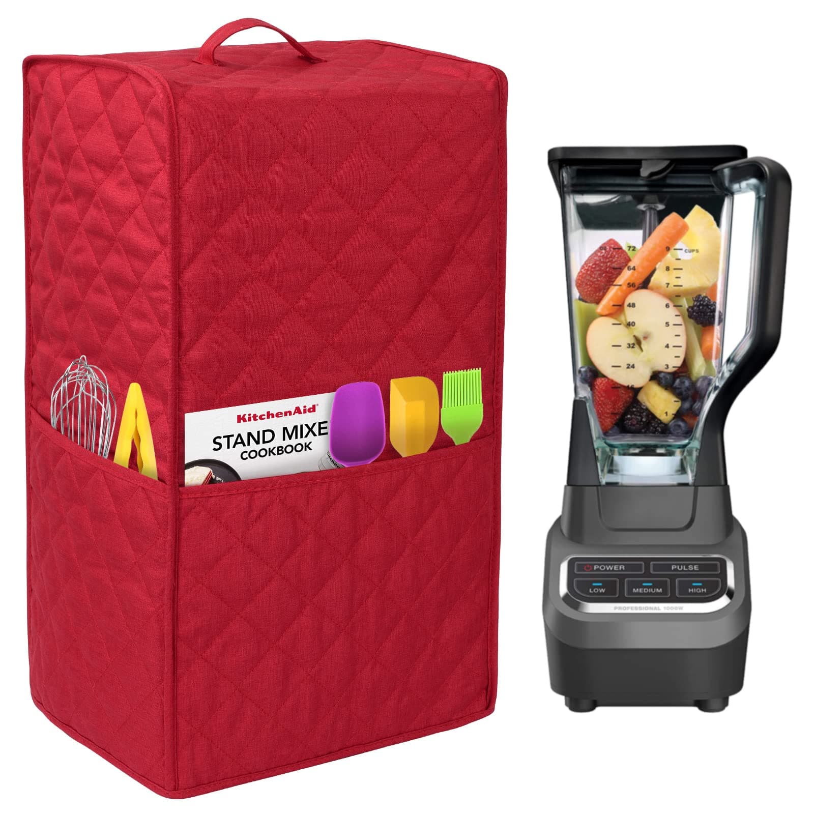 kitchen blender dust cover, blender cover compatible with Ninja Foodi Blender, blender cover for kitchen appliance cover, blender cover with accessory pocket (Red)