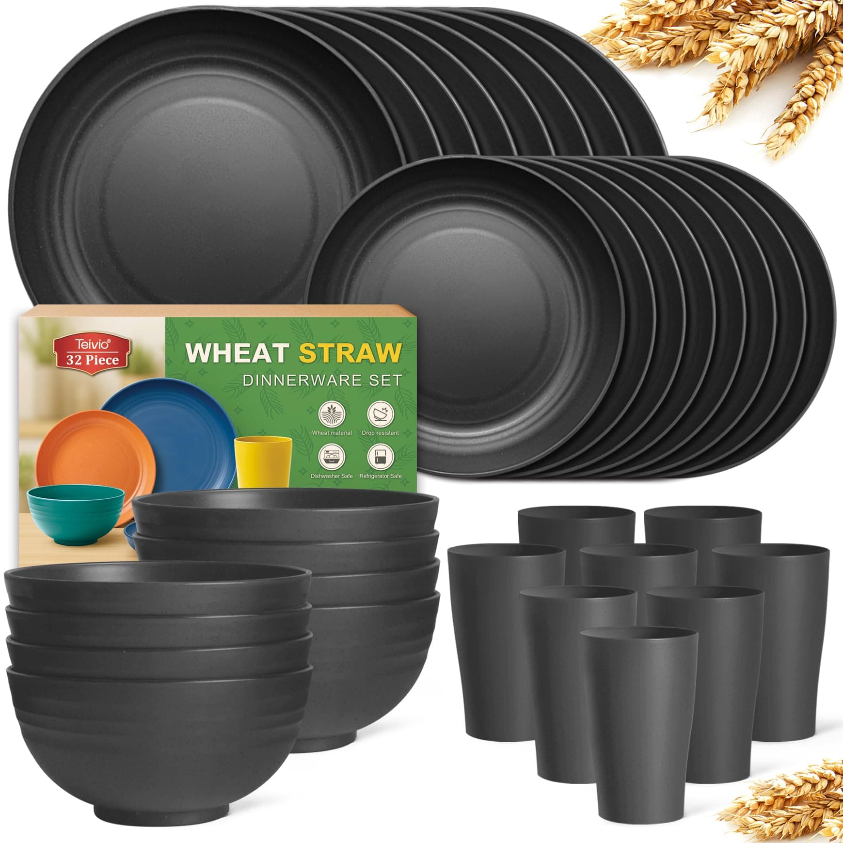 Teivio 32-Piece Kitchen Plastic Wheat Straw Dinnerware Set, Service for 8, Unbreakable Modern Dish Set - Dinner Plate/Dessert Plate/Cereal Bowl/Cup, for Apartment Essentials, Outdoor Camping,Black