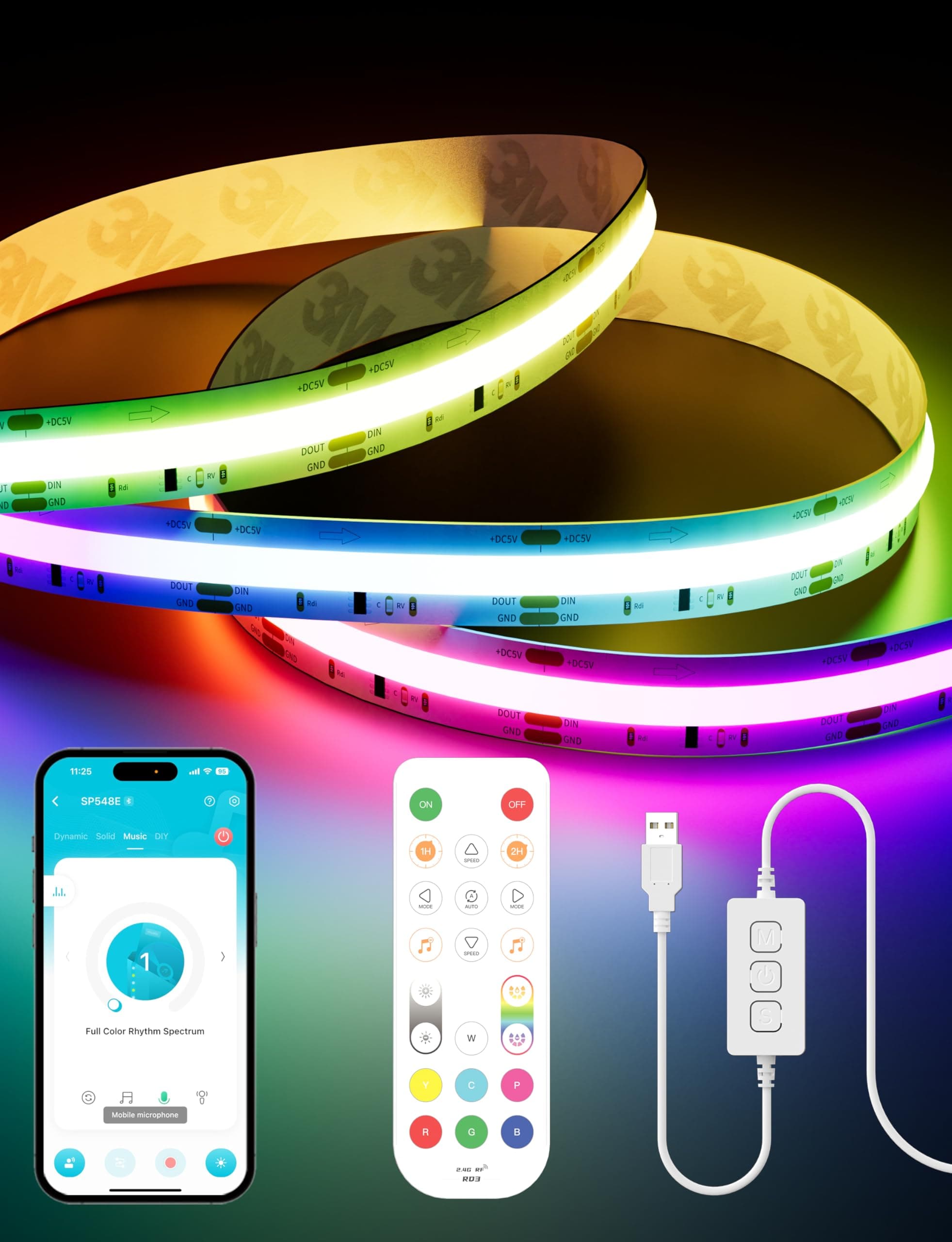 RGB Smart IC COB LED Strip Light 5V USB, Color Chasing UL Listed Multicolor Flexible Tape LED Strip Light 9.84ft/3m Compatible with Alexa/Google Assistant, for TV, Desk, Monitor DIY