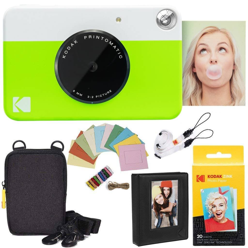 Kodak Printomatic Instant Camera (Green) Deluxe Bundle + Zink Paper (20 Sheets) + Deluxe Case + Photo Album + Hanging Frames + Comfortable Neck Strap