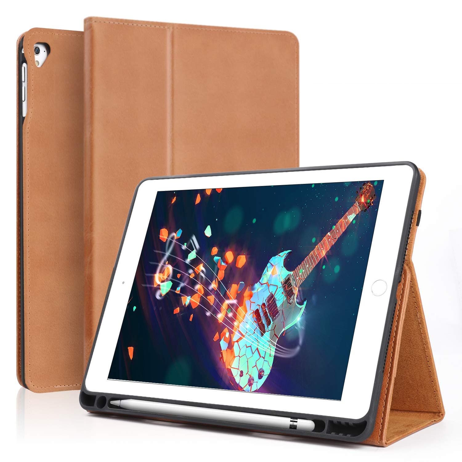 Boriyuan Leather Case for iPad 9.7 2018(6th Gen)/2017(5th Gen)/iPad Pro 9.7/iPad Air 2 &1- Leather Smart Cover Protective Folio Flip Stand with Built-in Apple Pencil Holder Auto Sleep/Wake(Brown)