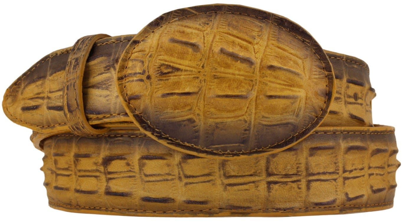 El Presidente Mens Rustic Buttercup Cowboy Belt Crocodile Tail Print Leather Belt Round Buckle