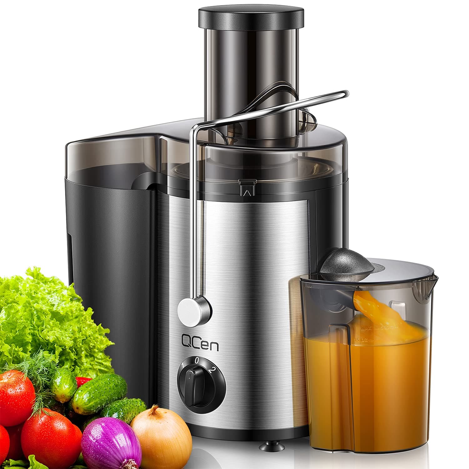 QCen WERPOWER Juicer Machine, Centrifugal Juicer Extractor with Wide Mouth 3 Inch Feed Chute for Fruit Vegetable, Easy to Clean, Stainless S.