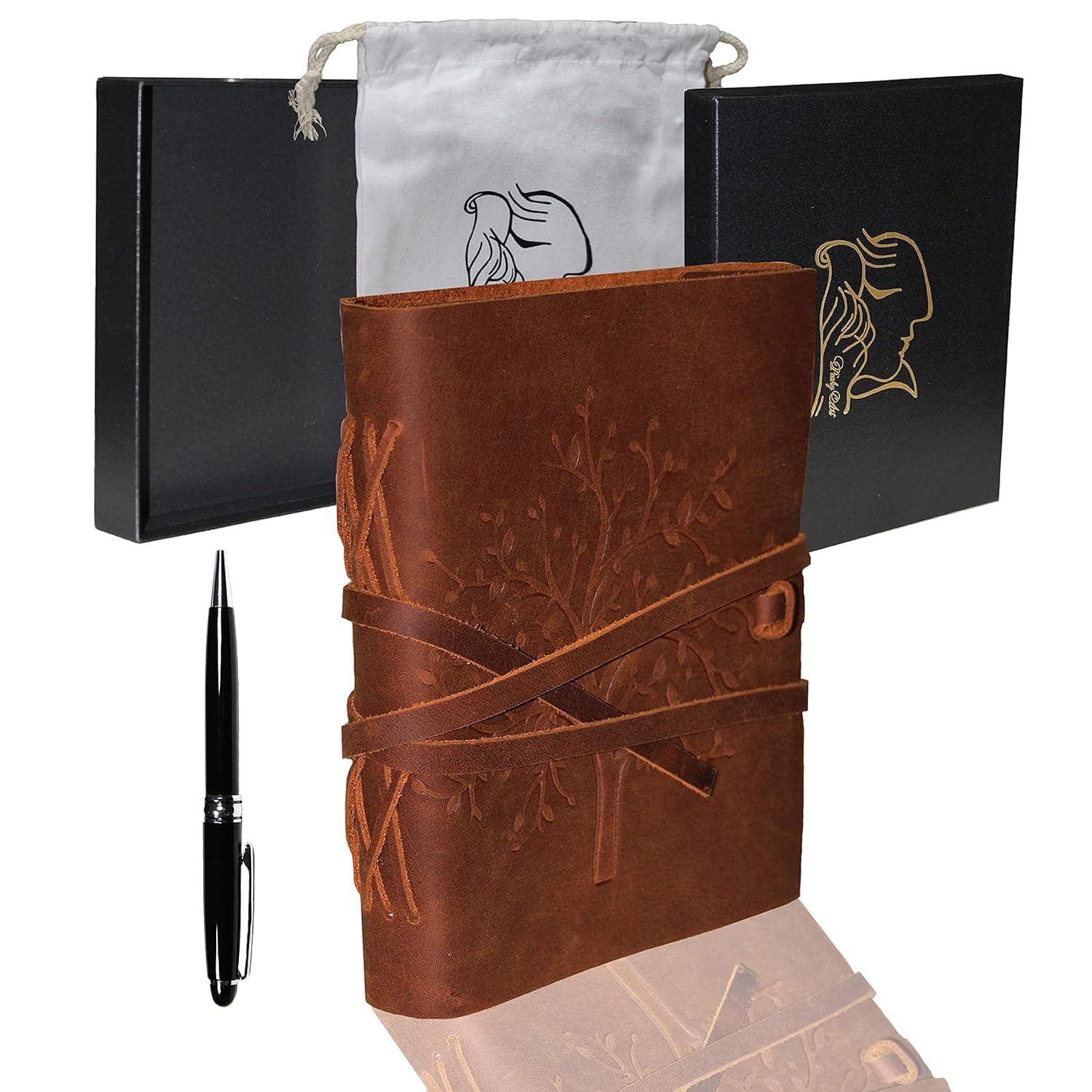 Genuine Leather Vintage Bound Journal Gift Package of 8”x6” A5 19x15 cm Sketchbook Travelers Notebook Daily Notepad Planner with Pen for Drawing Art Sketching & Writing 160 sheets Blank Handmade Paper