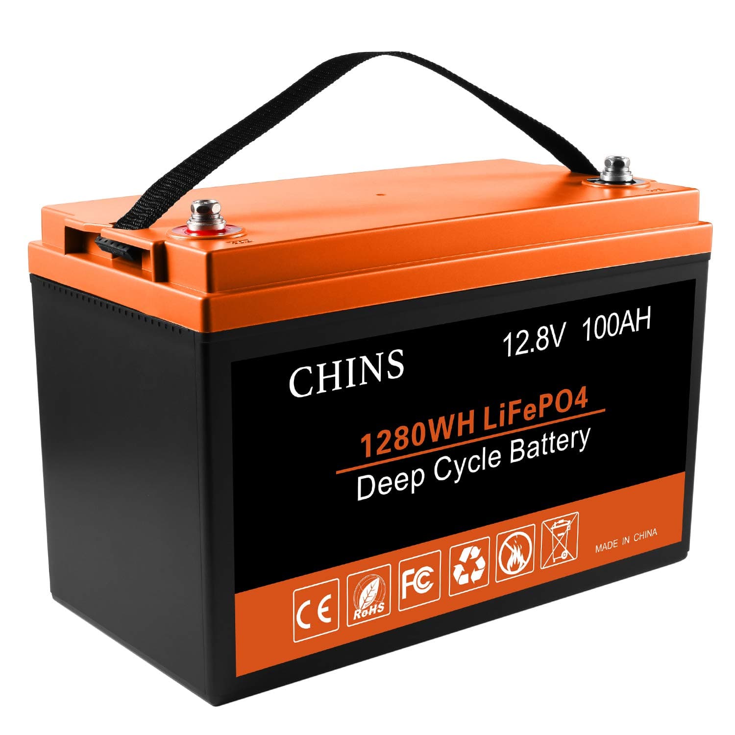 CHINS LiFePO4 Battery 12V 100AH Lithium Battery - Built-in 100A BMS with Low-Temp Protection, 2000~5000 Cycles, Perfect for Trolling Motors, Solar System, Marine, RV, Boat and Off-Grid etc.