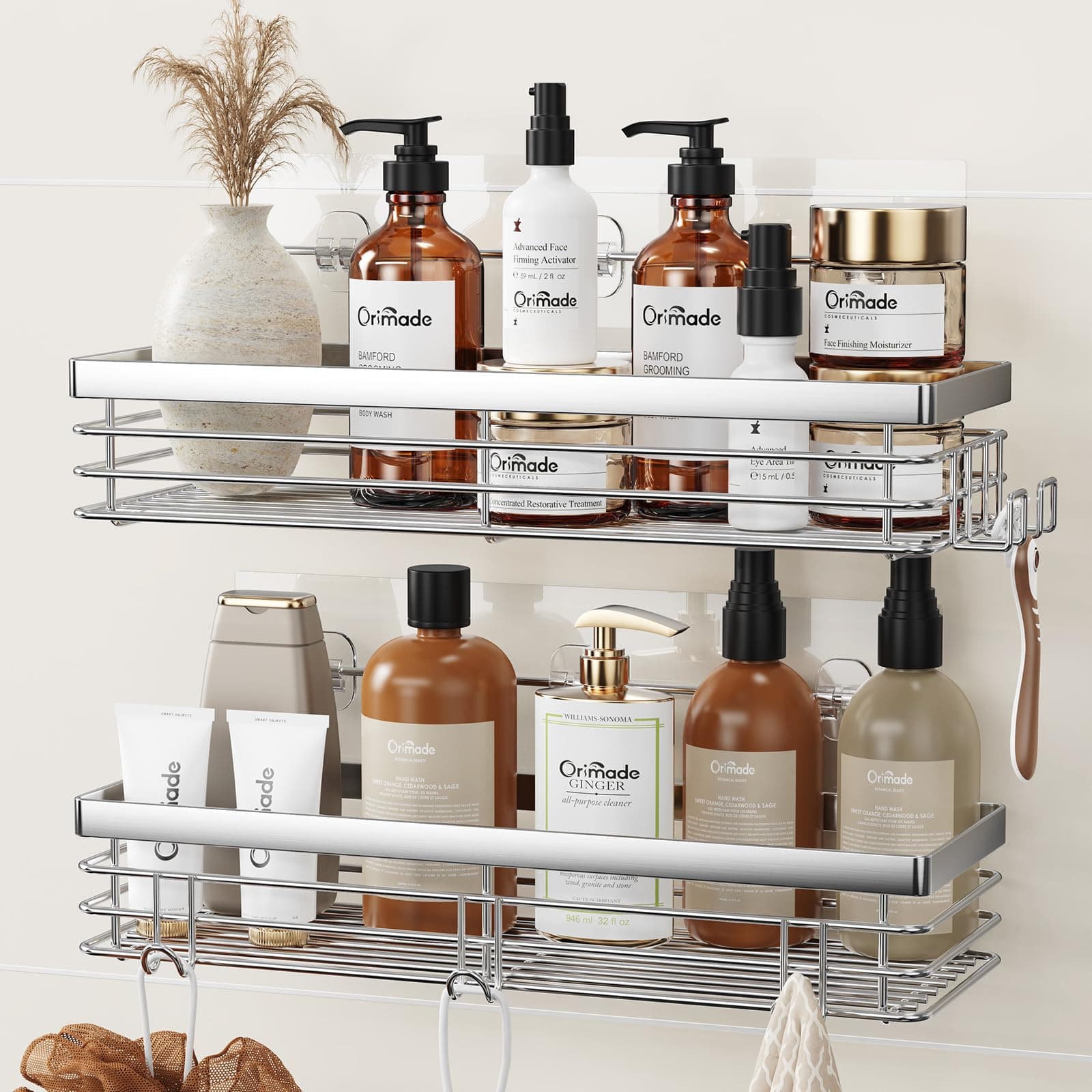 Orimade Shower Caddy Stainless Steel No Drilling Adhesive Wall Mounted Shower Shelf with 5 Hooks Bathroom organiser for Shampoo Conditioner, Rustproof 2 Pack (Silver)