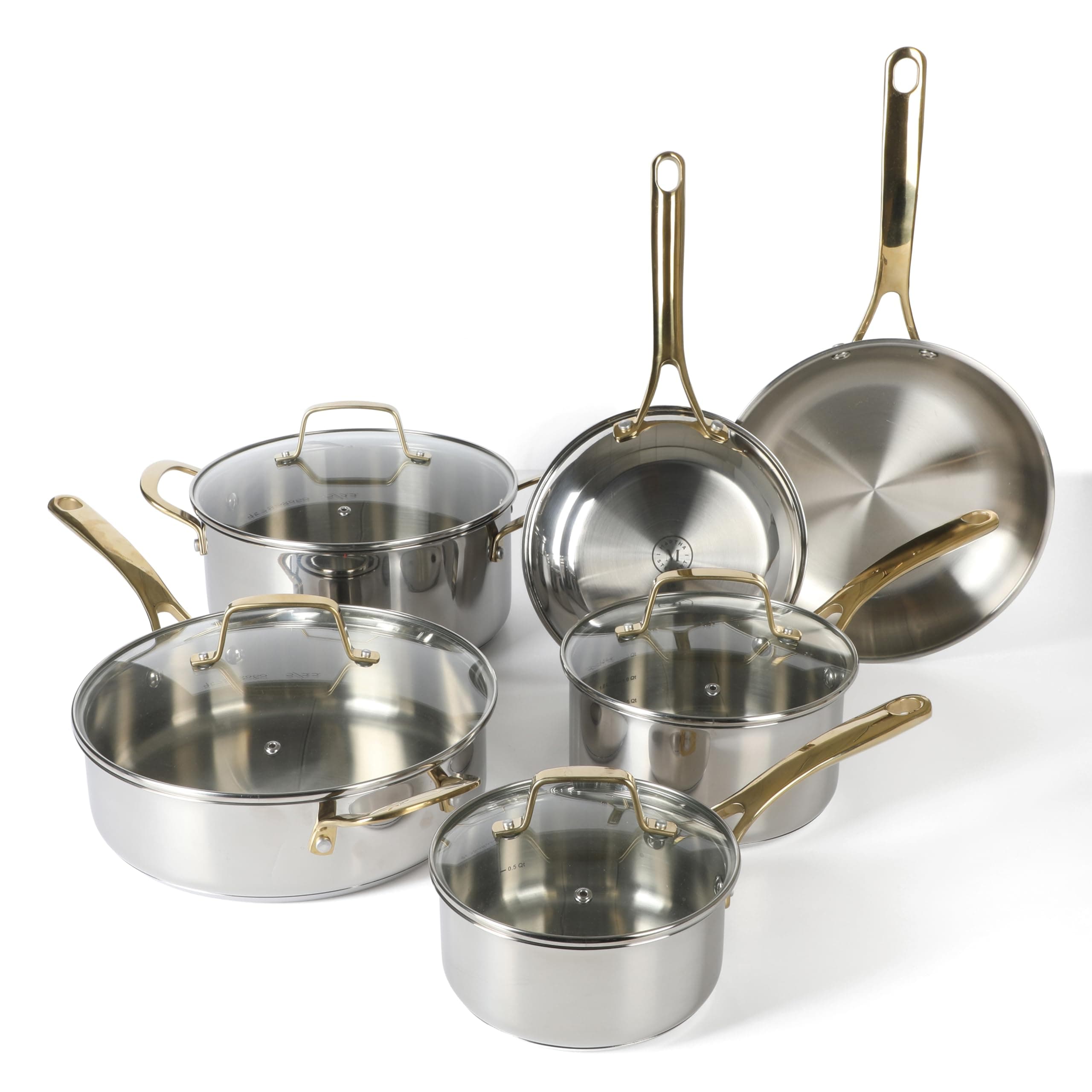 Castelle 10 Piece Stainless Steel Induction Safe Pots and Pans Non-Toxic Kitchen Cookware Set - Gold Handles