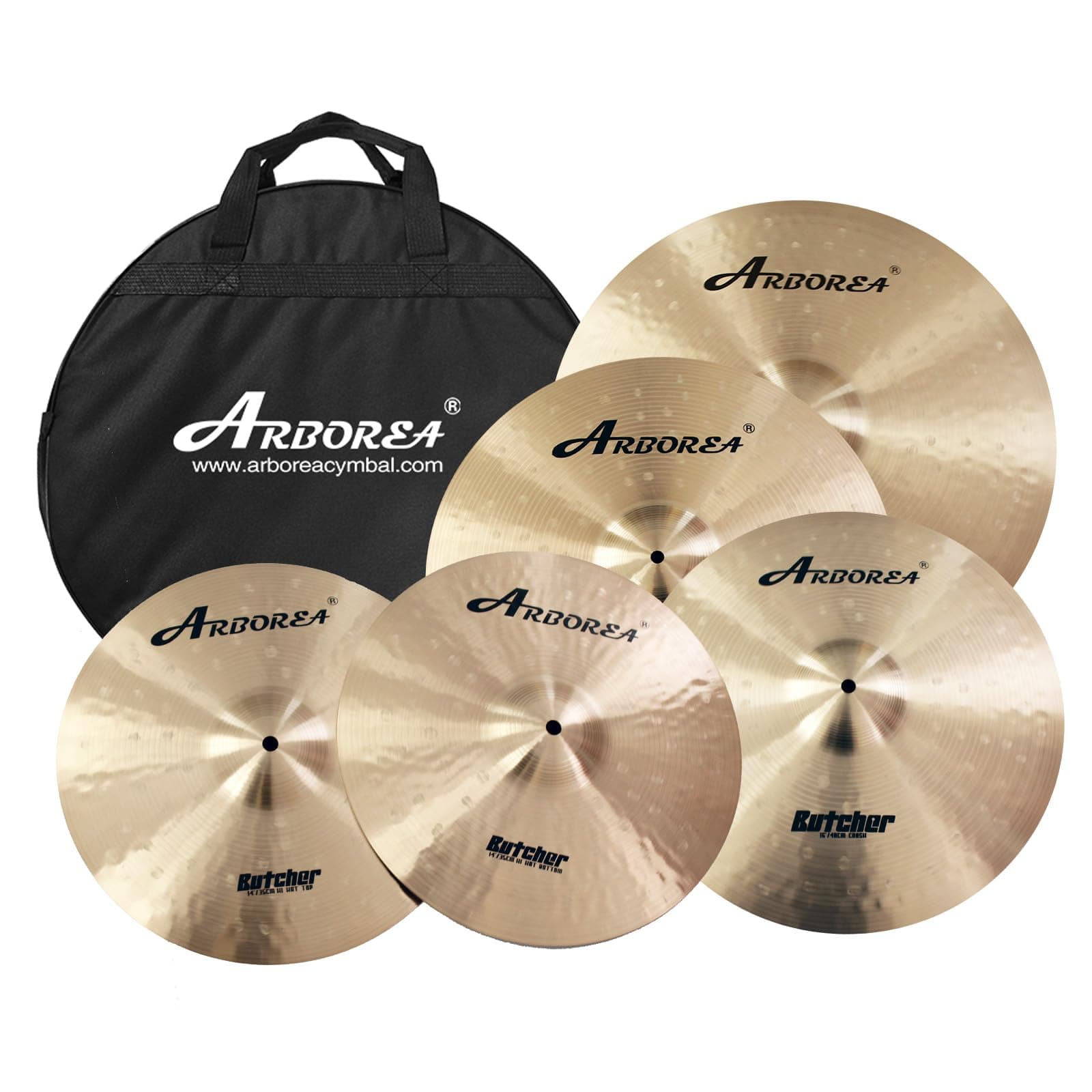 Arborea B20 Bronze Alloy Cymbal Set Butcher Series 5pcs 14"Hihats 16"Crash 18" Crash 20" Ride, Handcrafted for Professional Drummers, Rich Tone & Durable Performance