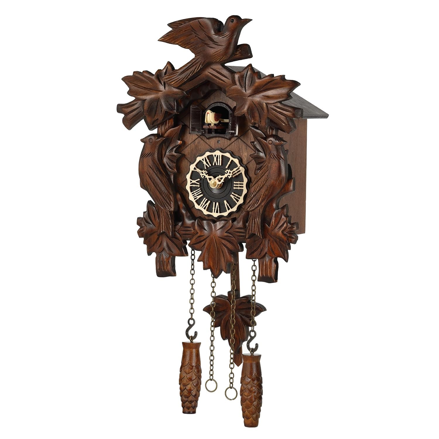 Cuckoo Clock, Traditional Black Forest Handcrafted Wooden Quartz Clock for Wall Antique Decroration with Maple Leaf Pendulum, 12 Melodies, Night Sensor and Singing Bird
