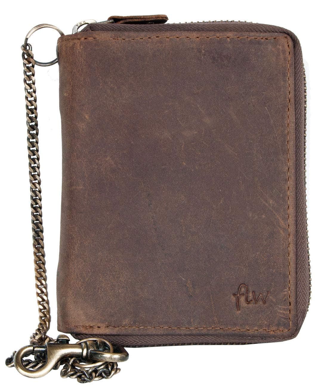 FLW Genuine Leather Wallet with Metal Zip-Around (Zipper Around) with Chain to Hang