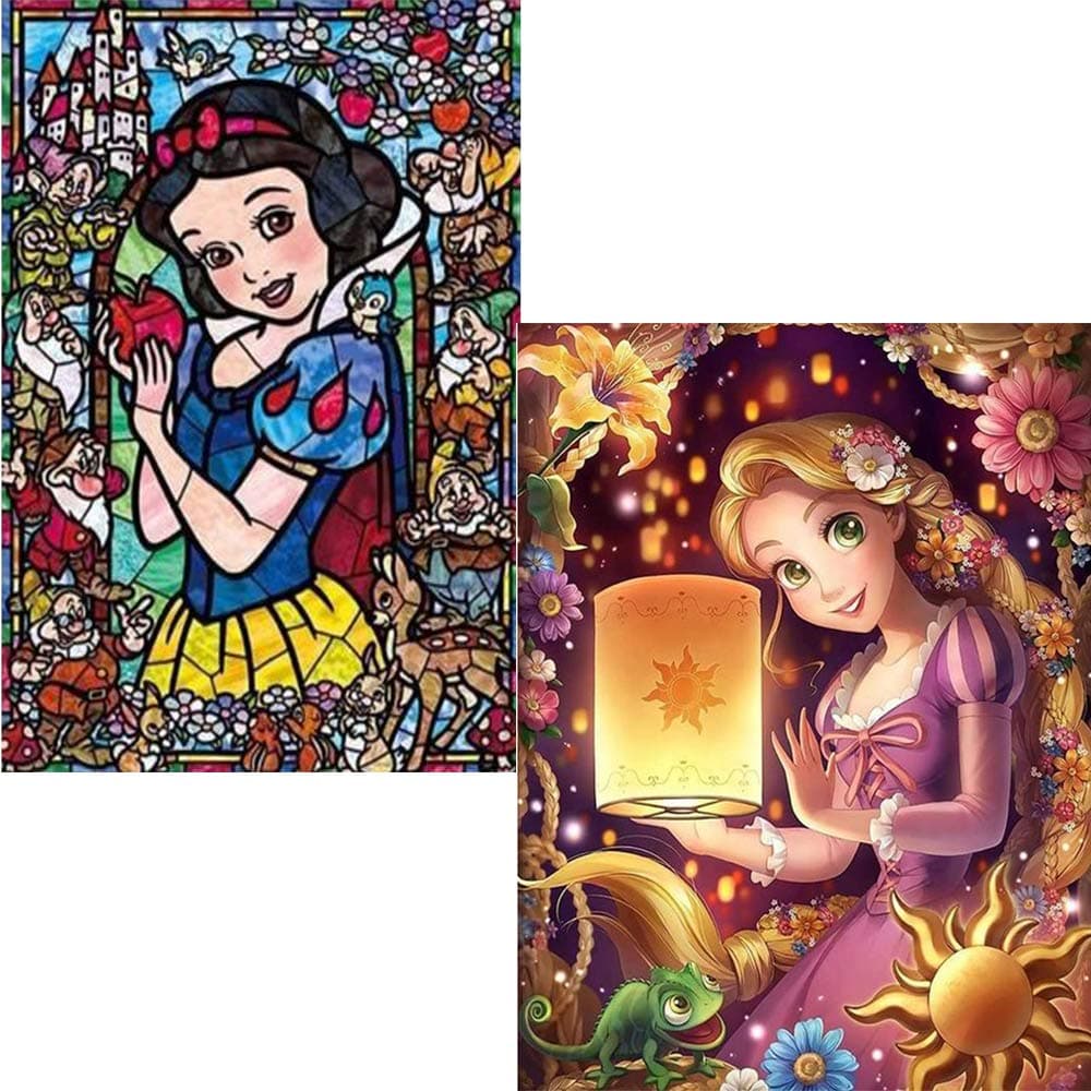 DIY 5D Diamond Painting Kit, 2 Pack 16"X12" Snow White and Rapunzel Princess Round Full Drill Crystal Rhinestone Embroidery Cross Stitch Arts Craft Canvas for Home Wall Decor Adults and Kids