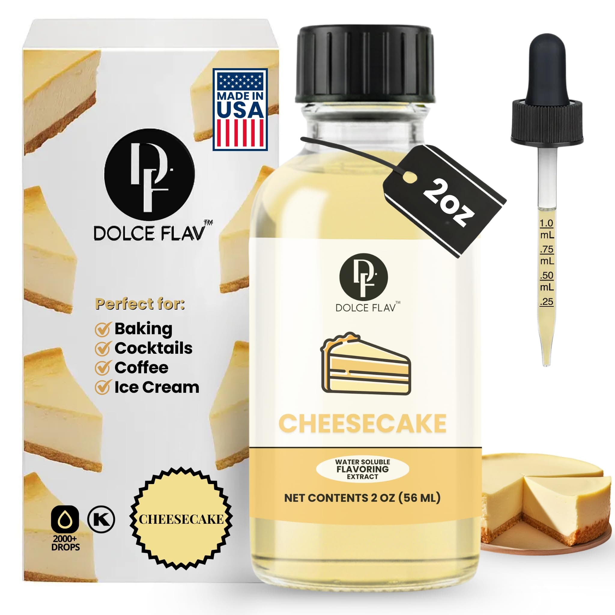 Dolce Flav Cheesecake Extract – 2 Ounce Water-Soluble Kosher, Sugar-Free, Concentrated Creamy Flavor for Desserts, Frostings & Pastries, Includes Measured Dropper