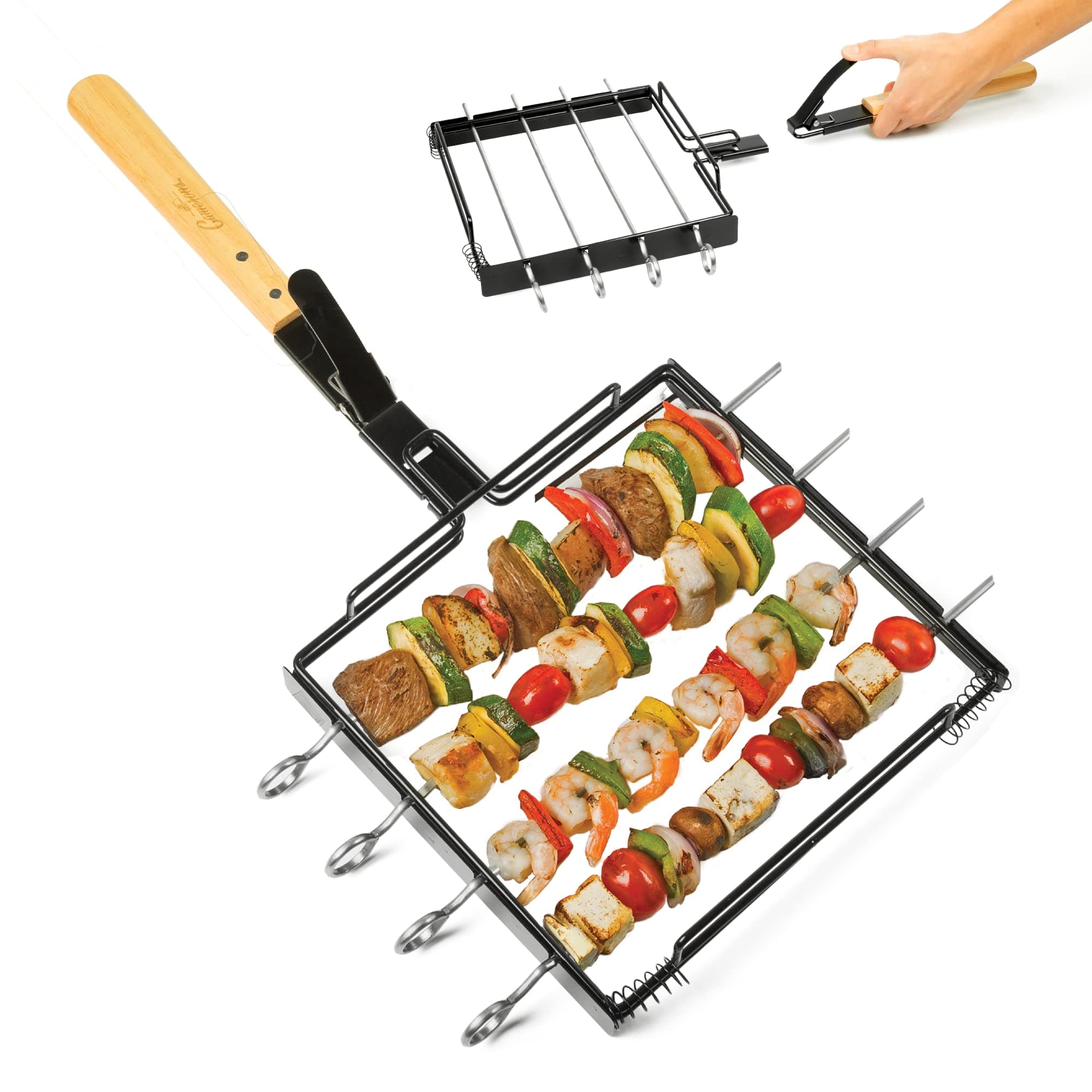 Camerons Products Skewers Grilled BBQ Shishi Kabobs Rack Set with Removable Wood Handle, Heavy Duty Stainless Steel Barbecue Meat, Vegetables, Fruits (1 Rack, 4 Skewers)