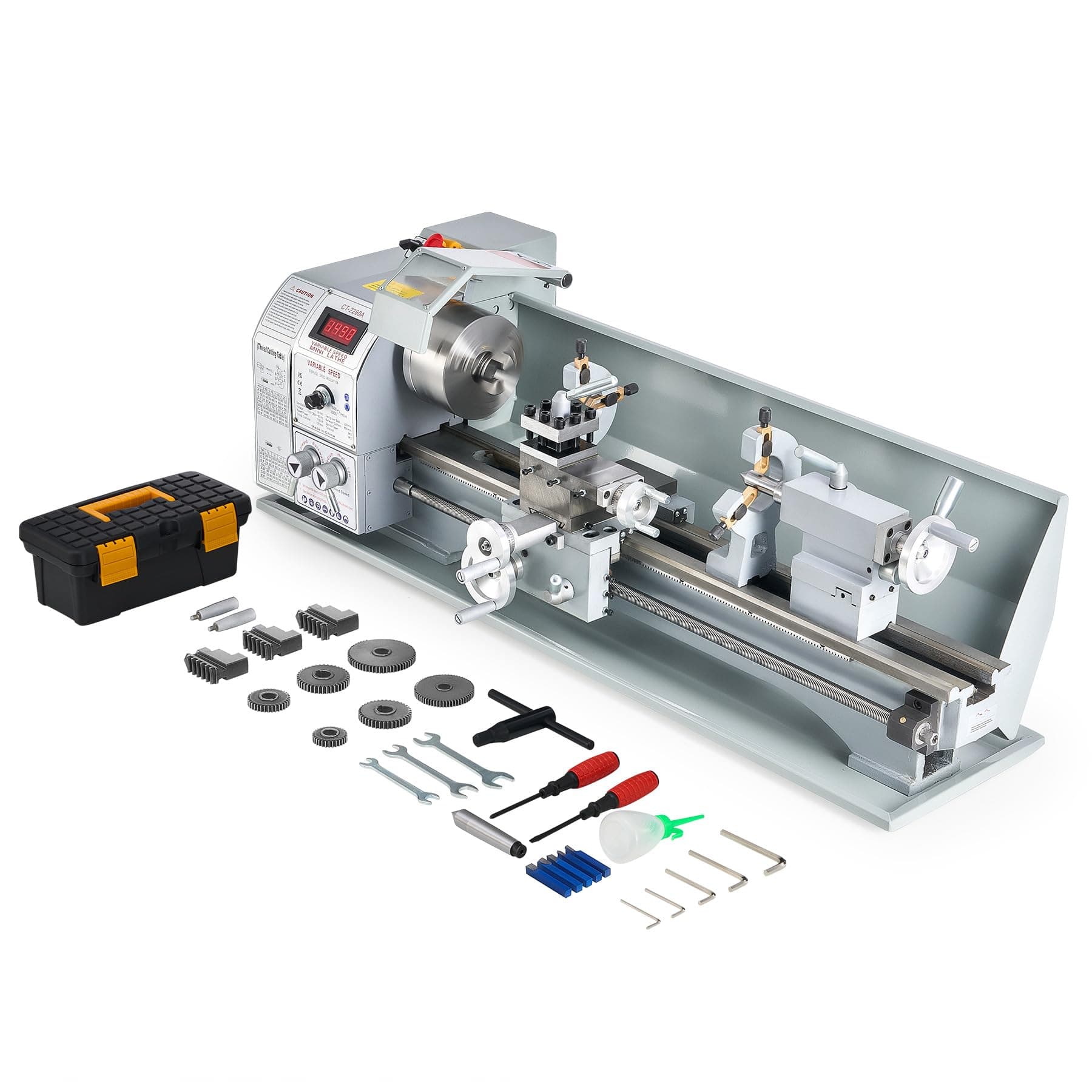 CREWORKS Mini Metal Lathe, 9" x 24" Benchtop Metal Lathe with 3 Jaw Chuck and 3000rpm Max. Spindle Speed, 1100W Metalworking Machine with LCD Display, Metal Lathe Machine