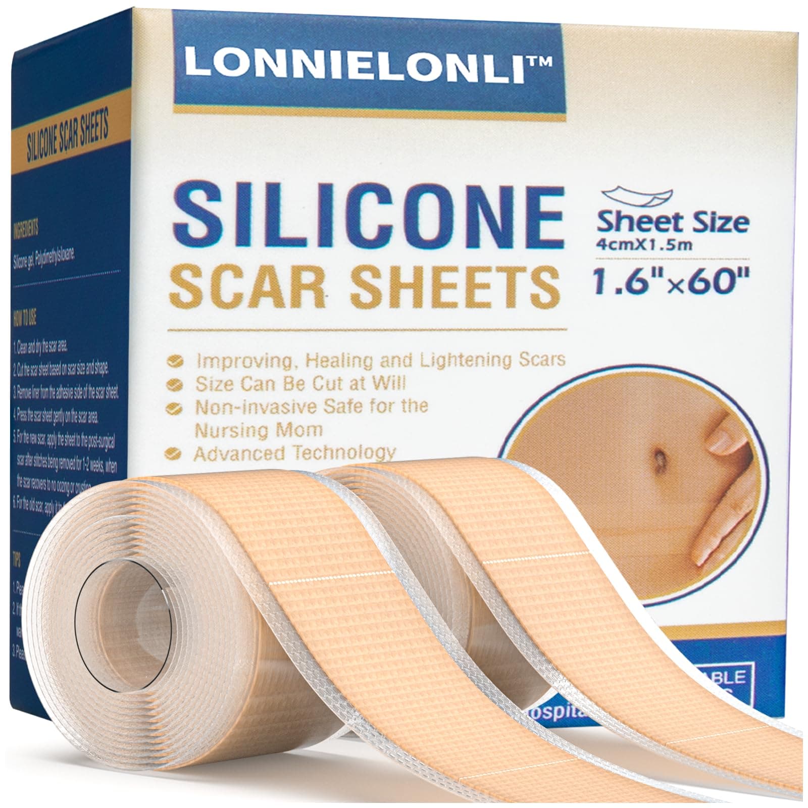 Silicone Scar Sheets(1.6" x 60”Roll-1.5M),2 Pack Silicone Scar Tape, Silicone Strips for Scar Healing, Reusable, Professional Scar Removal Sheets for C-Section, Surgery, Burn, Keloid, Acne et