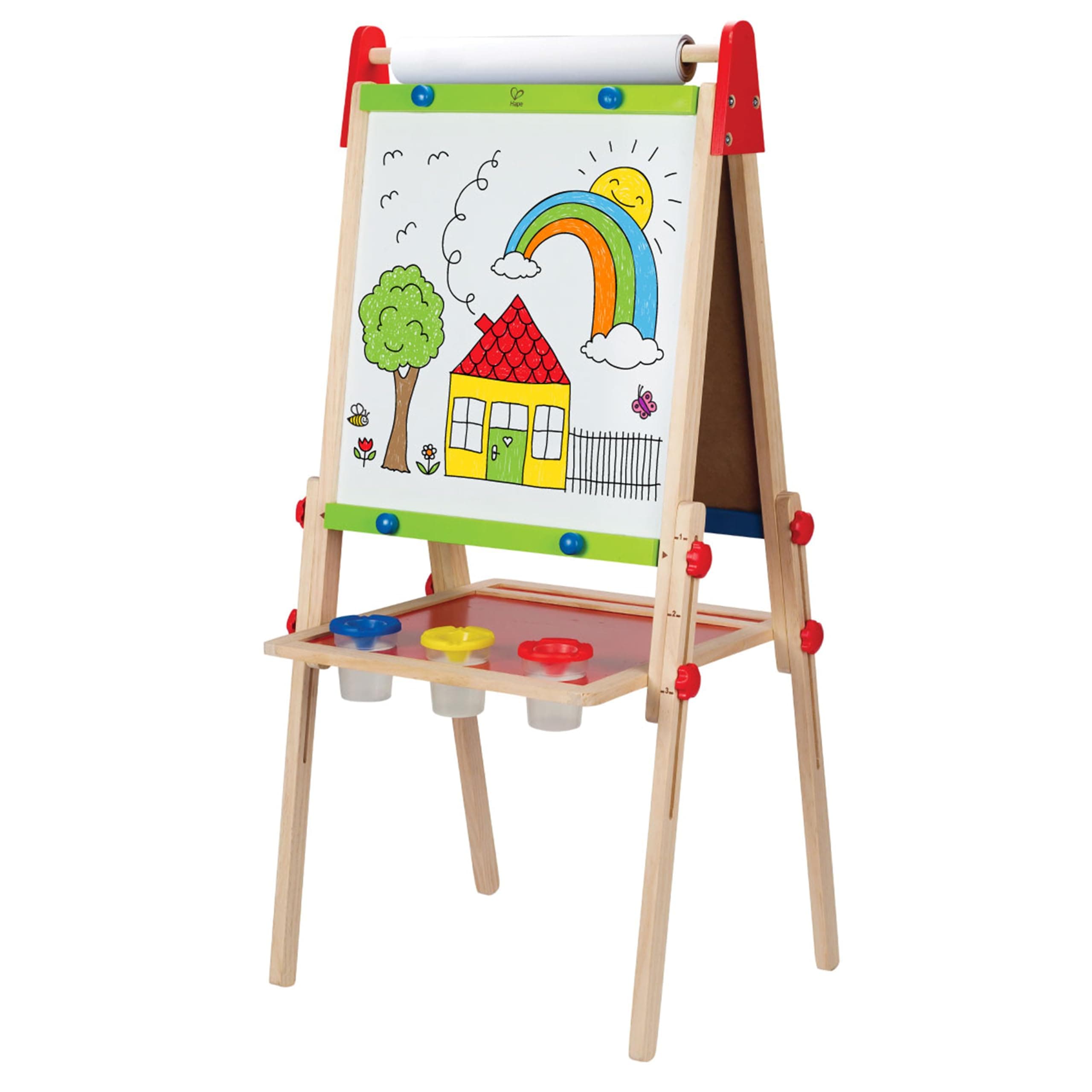 Hape E1010 Magnetic All in 1 Kids Height Adjustable Drawing Dry-Erase Chalkboard Wooden Artist Easel with 3 Paint Pots and Refillable Paper Roll