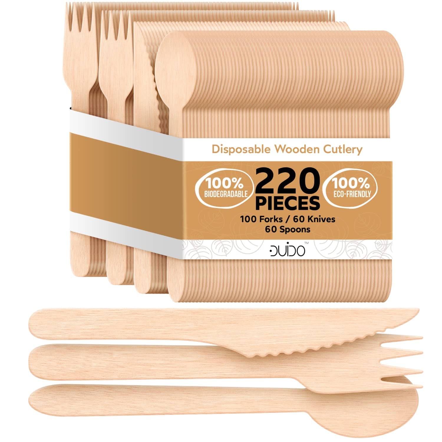 Disposable Wooden Cutlery – 220 Pack Biodegradable Utensils - Eco Friendly Compostable Utensils