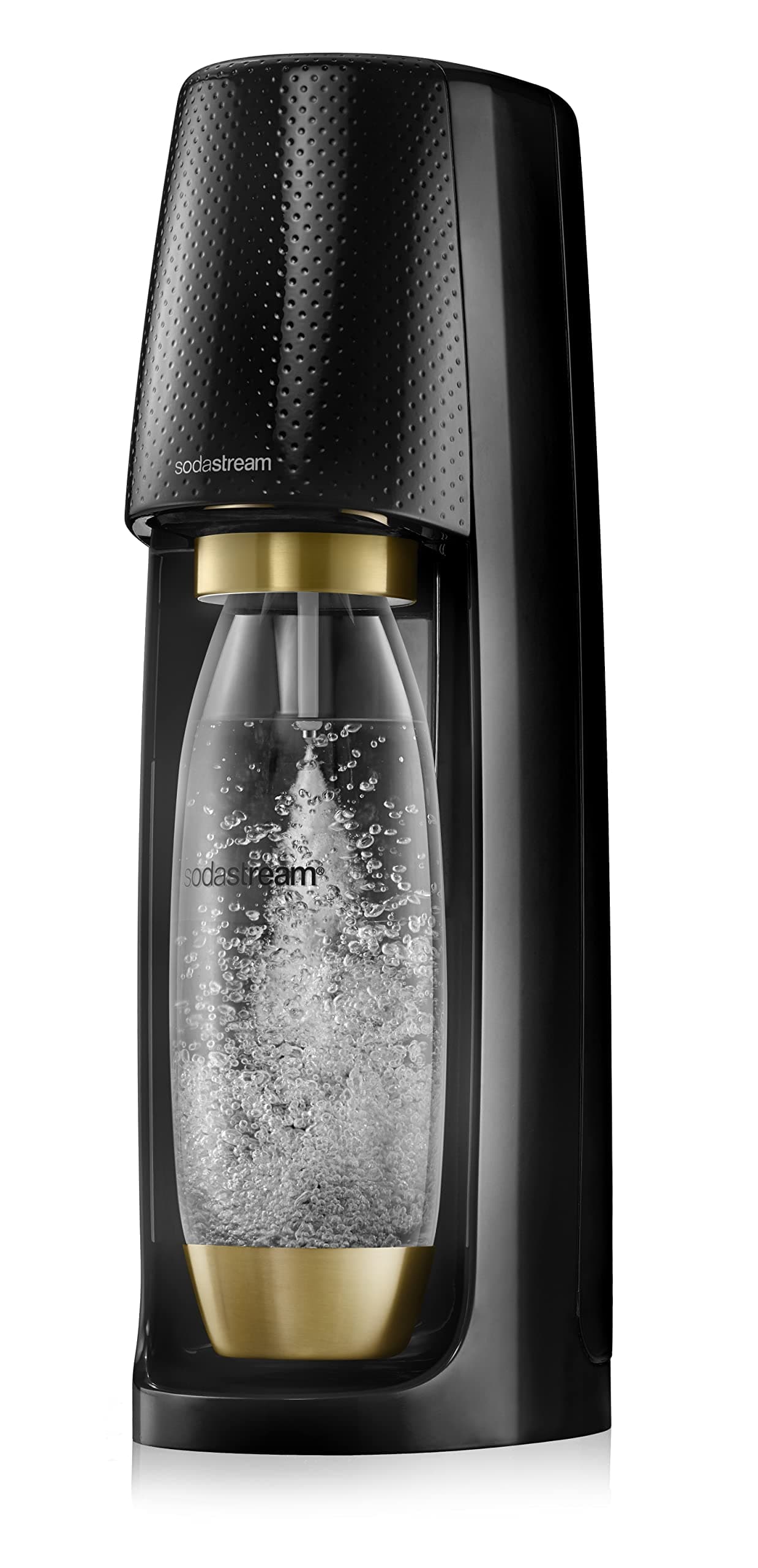 SodaStream Spirit Sparkling Water Maker Machine with 1 Litre Reusable BPA Free Water Bottle for Carbonating and 60 Litre CO2 Gas Cylinder - Black&Gold