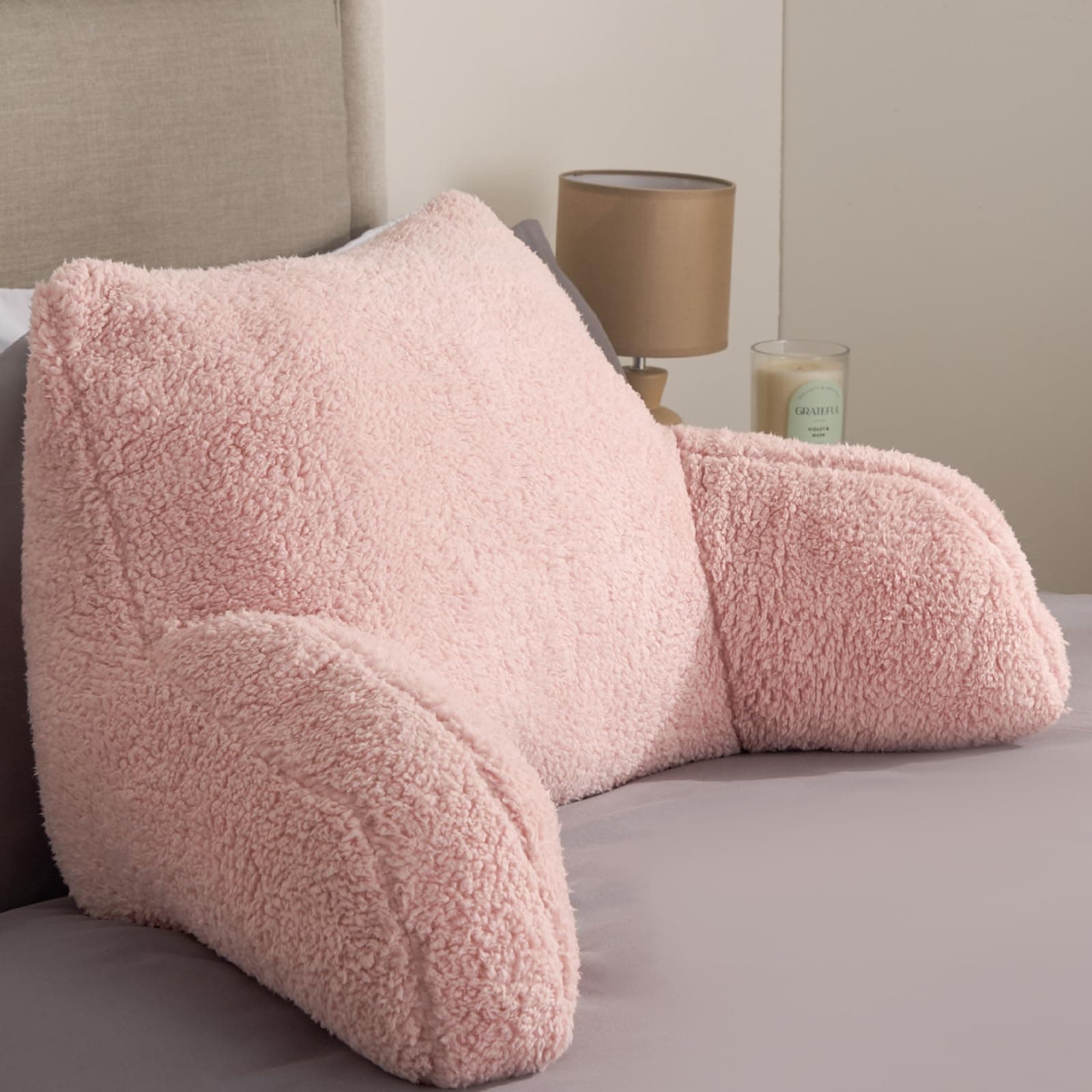 OHS Cuddle Cushion Teddy Fleece Pink, Comfy Reading Pillows Super Soft Cosy Headboard Pillow Back Cushion with Arms Sit Up in Bed Pillow Relaxing Comfy