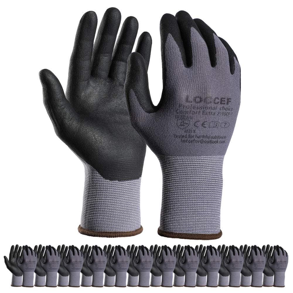 LOCCEF Safety Work Gloves MicroFoam Nitrile Coated-12 Pairs,Seamless Knit Nylon Gloves,Home Improvement,Micro-Foam Gloves